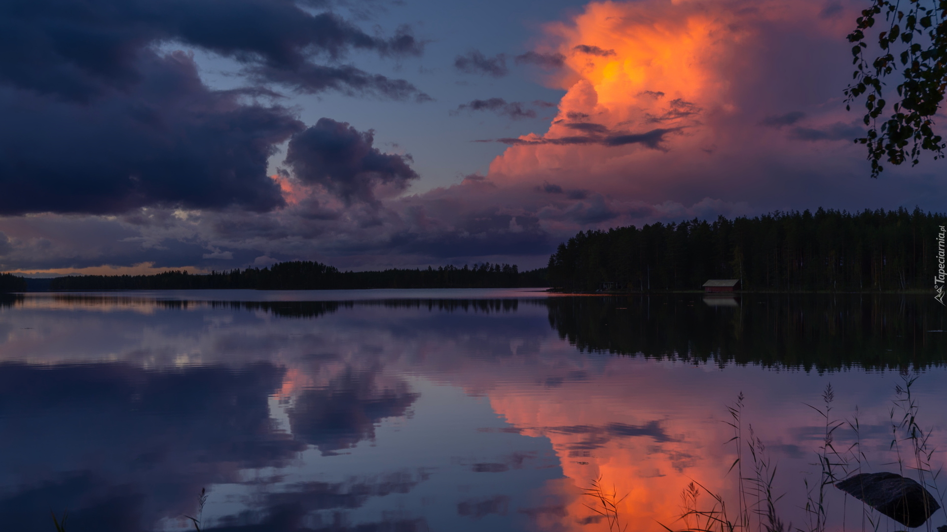 Jezioro Korpijarvi, Zachód słońca, Lasy, Chmury, Odbicie, Mantyharju, Finlandia