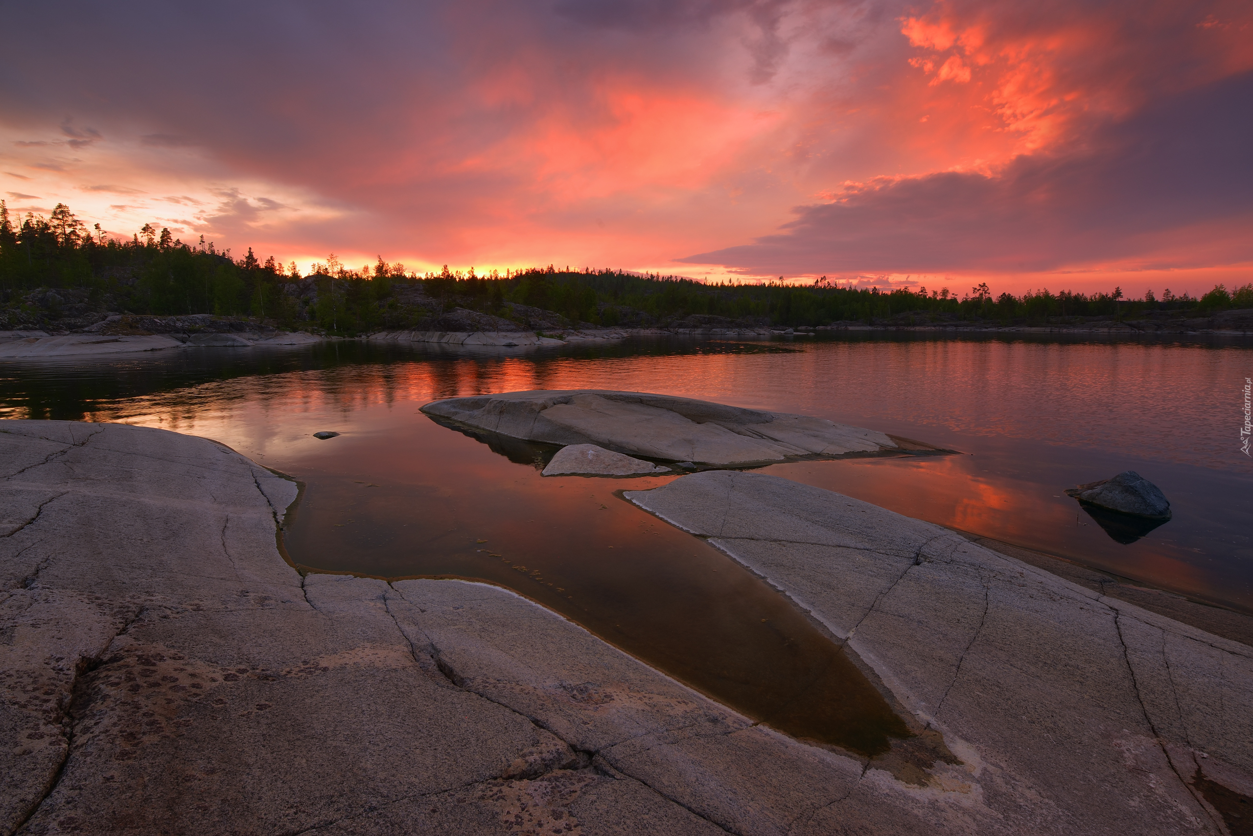 Zachód słońca, Jezioro Ładoga, Skały, Karelia, Rosja