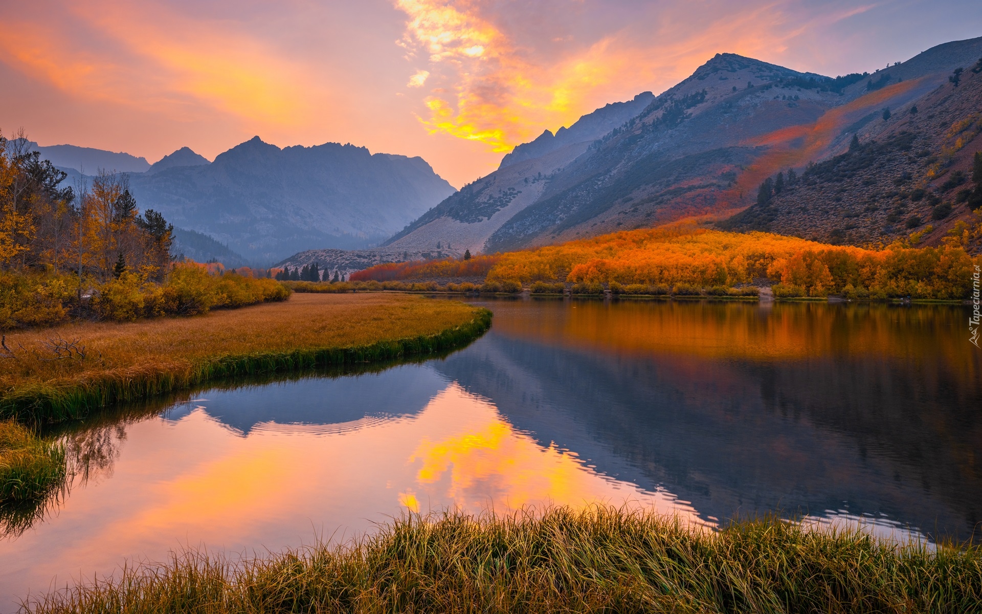 Stany Zjednoczone, Kalifornia, Region, Eastern Sierra, Góry, Drzewa, Zachód słońca, Jezioro, North Lake, Jesień