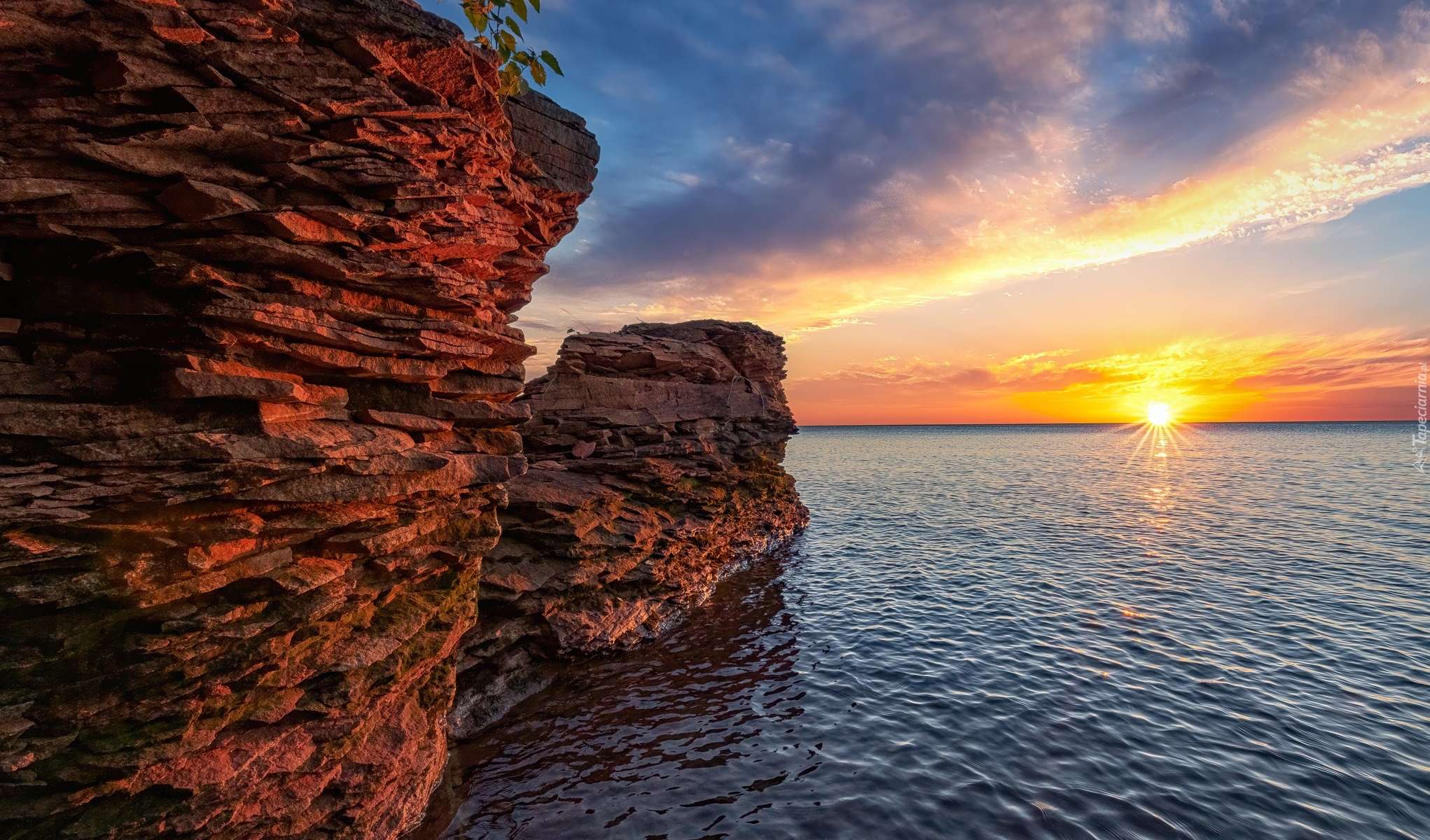 Stany Zjednoczone, Stan Michigan, Skały, Jezioro, Superior Lake, Zachód słońca, Chmury