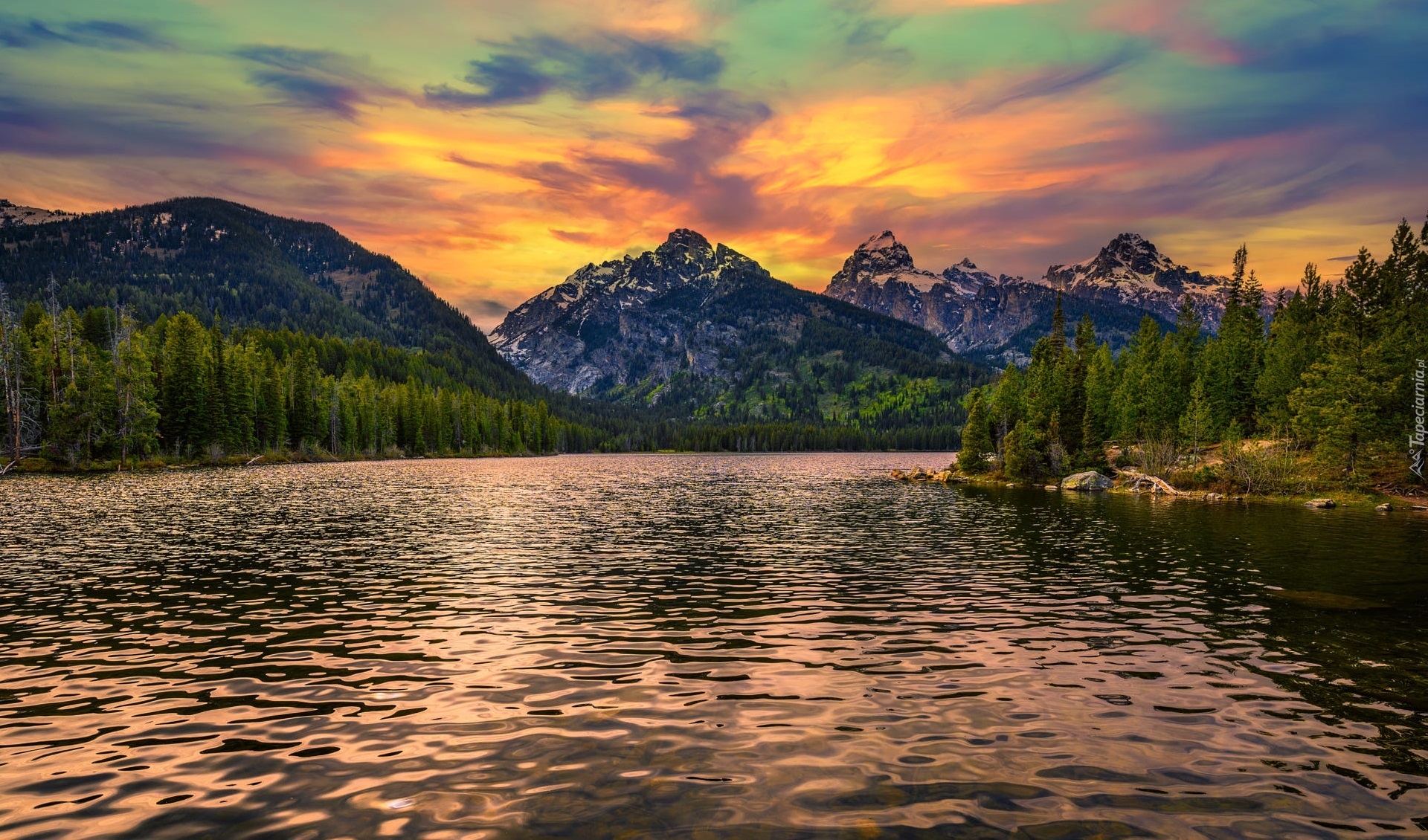 Park Narodowy Grand Teton, Wyoming, Stany Zjednoczone, Góry, Jezioro, Taggart Lake, Las, Drzewa, Zachód słońca