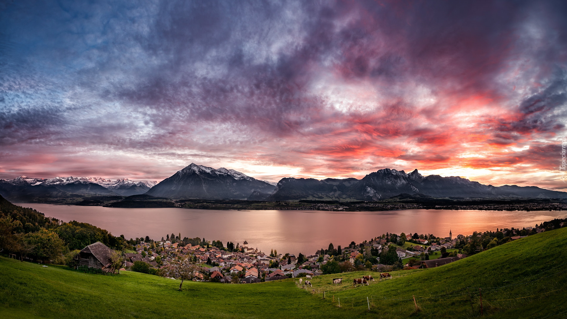 Jezioro Thunersee, Góry, Alpy Berneńskie, Zachód słońca, Niebo, Chmury, Szwajcaria