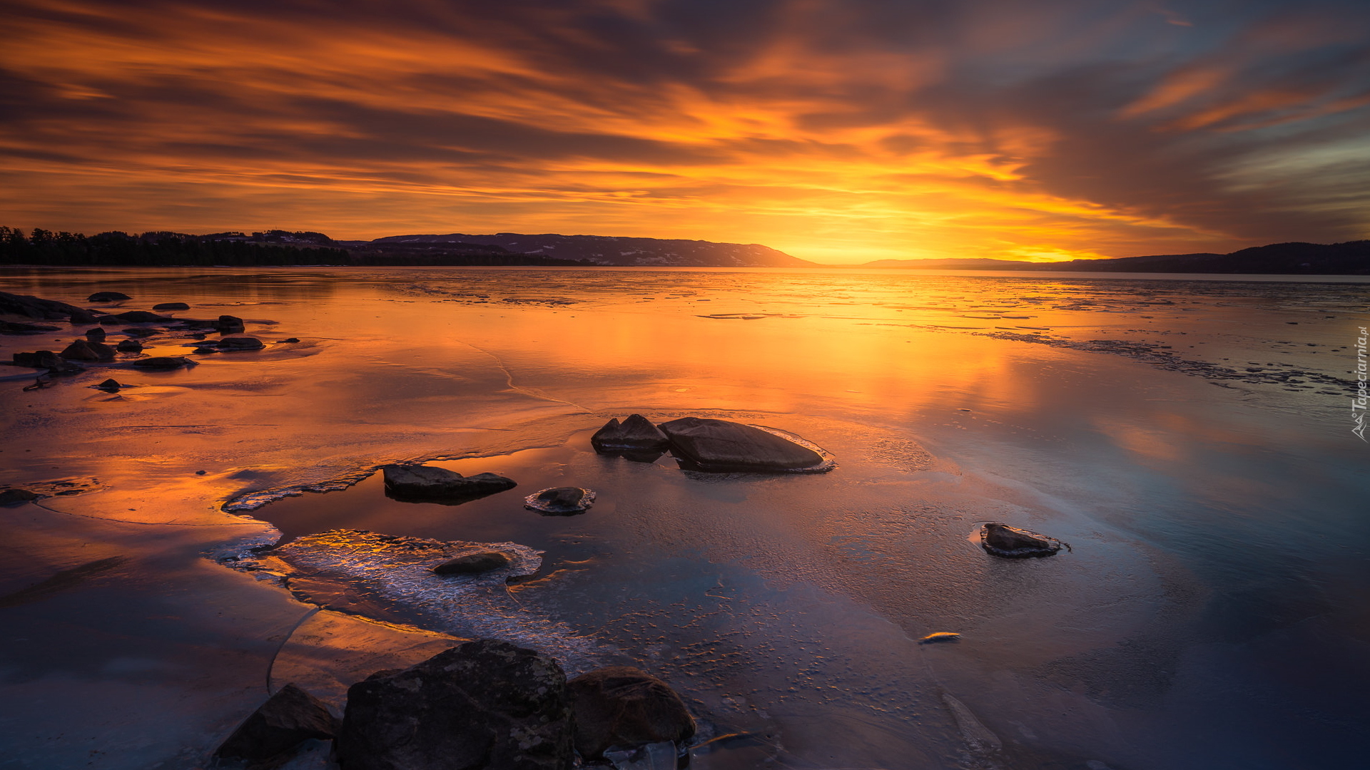 Zachód słońca, Jezioro, Kamienie, Norwegia