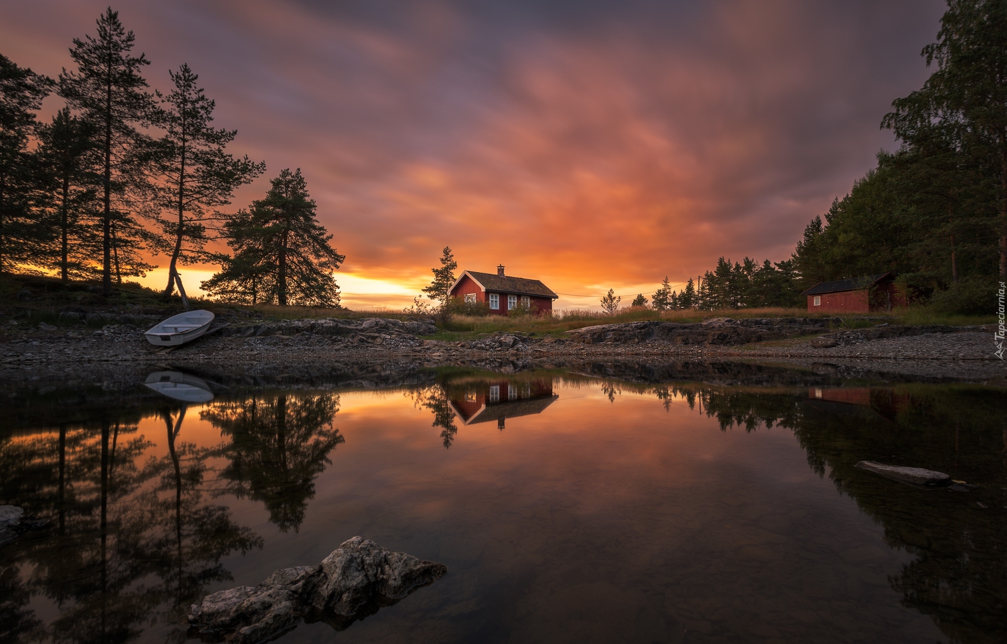 Norwegia, Ringerike, Jezioro, Zachód słońca, Drzewa, Dom, Łódka