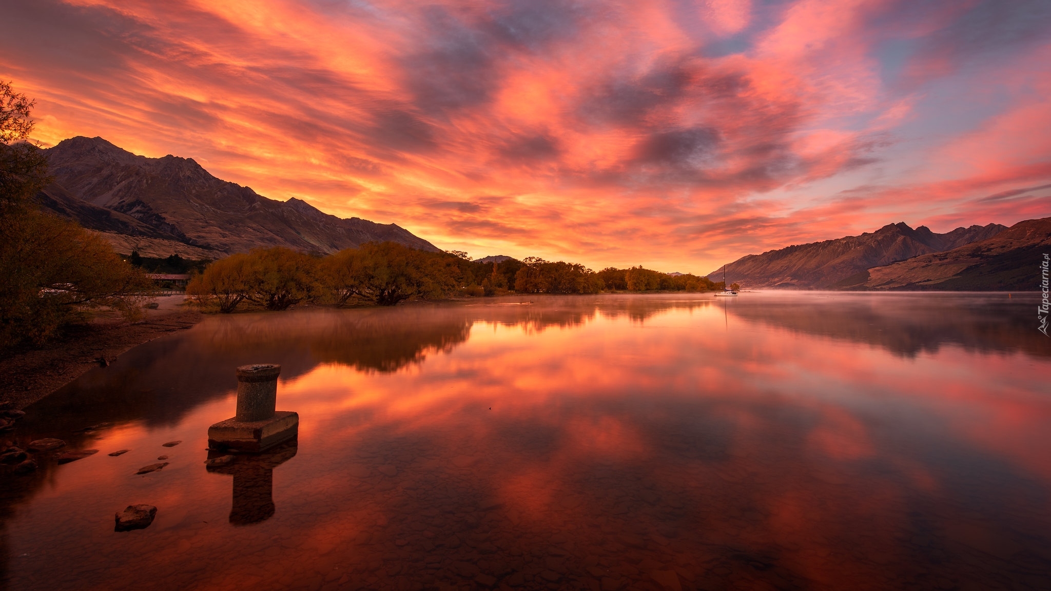 Zachód słońca, Jezioro, Wakatipu, Odbicie, Glenorchy, Queenstown, Wyspa Południowa, Nowa Zelandia