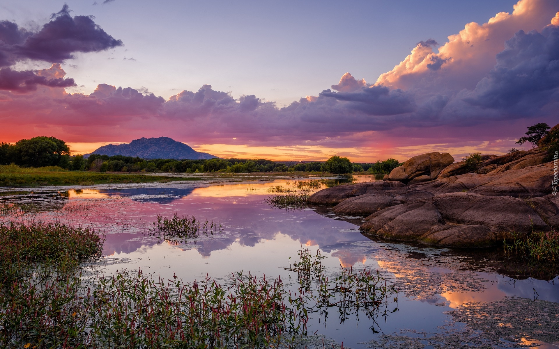 Stany Zjednoczone, Arizona, Hrabstwo Yavapai, Prescott, Jezioro, Willow Lake, Skała, Roślinność, Drzewa, Zachód słońca