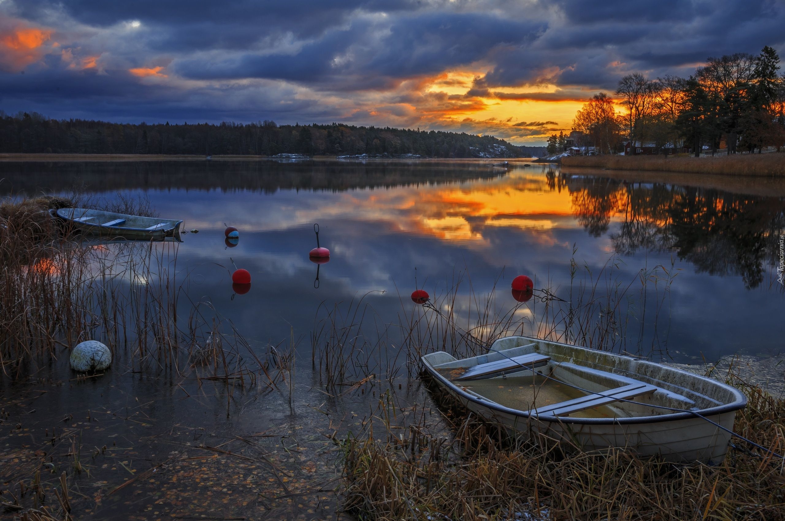 Zachód słońca, Jezioro, Łodzie