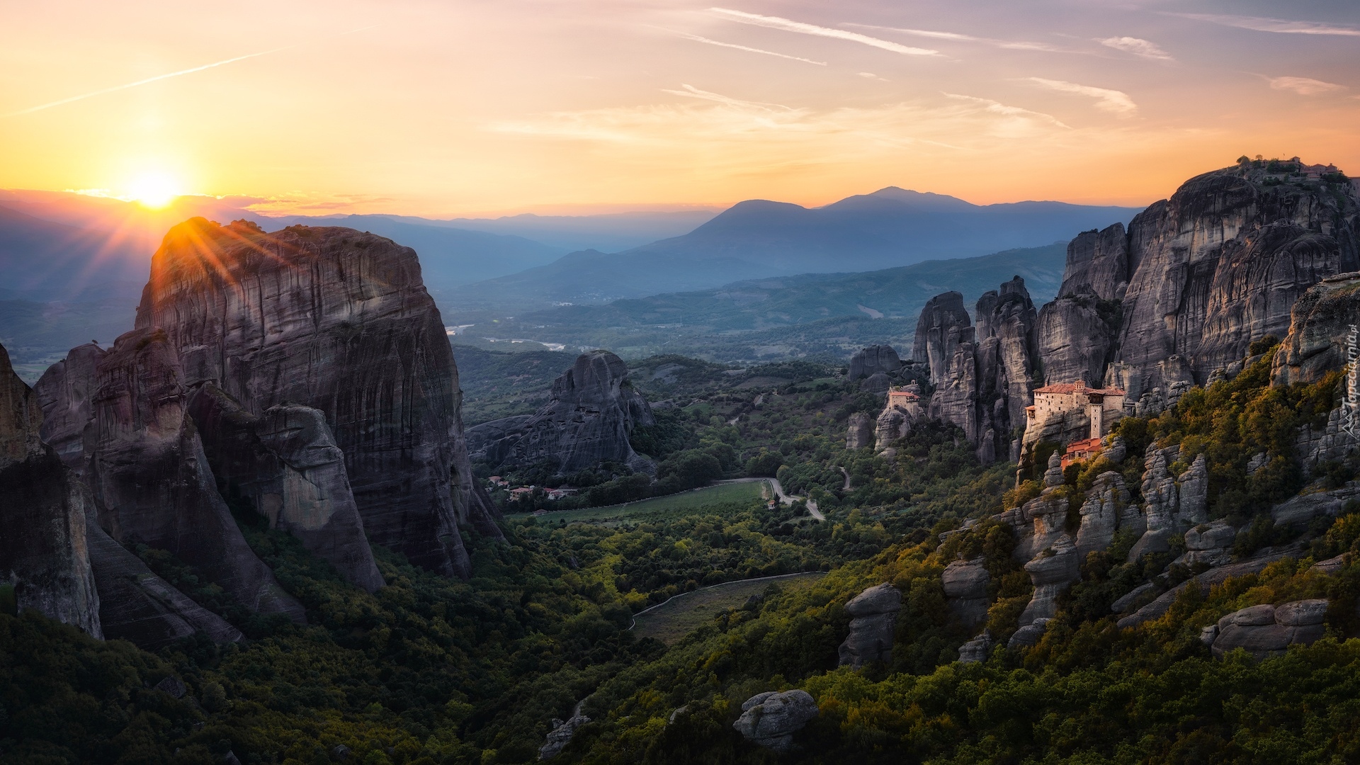 Grecja, Góry, Meteora, Zachód słońca, Skały, Klasztor