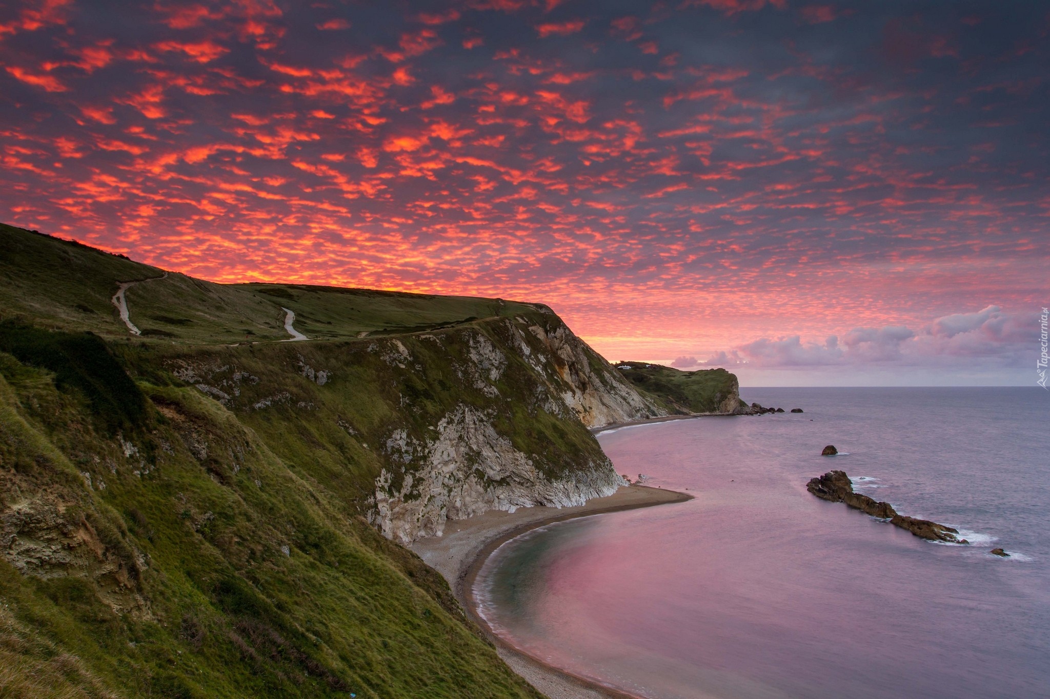 Anglia, Wybrzeże Jurajskie, Men Of War Bay, Morze, Zachód słońca