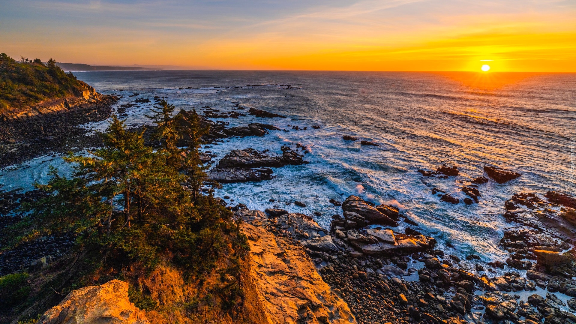 Stany Zjednoczone, Oregon, Park stanowy Cape Arago, Morze, Skały, Zachód słońca