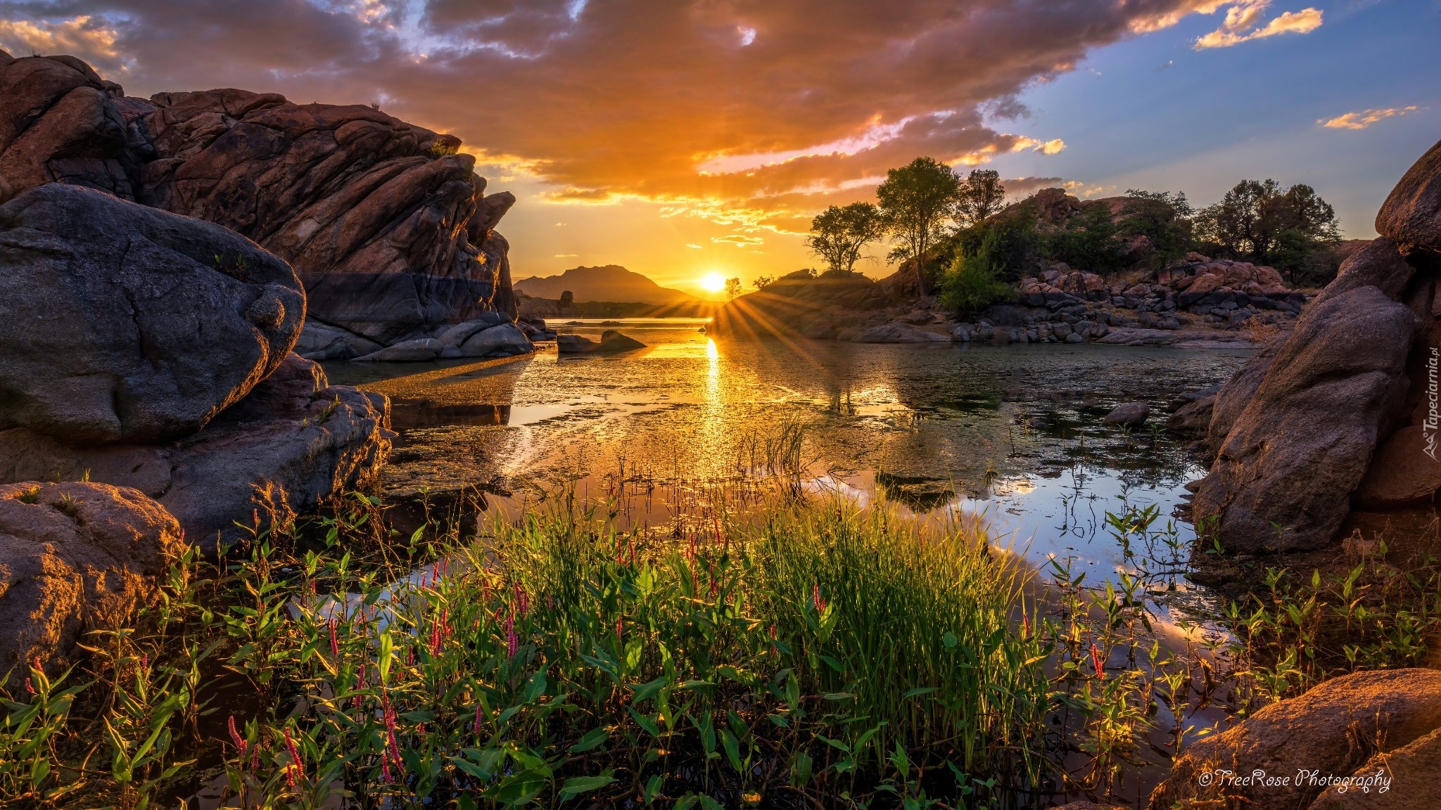 Zachód słońca, Jezioro, Willow Lake, Skały, Drzewa, Zarośla, Arizona, Stany Zjednoczone