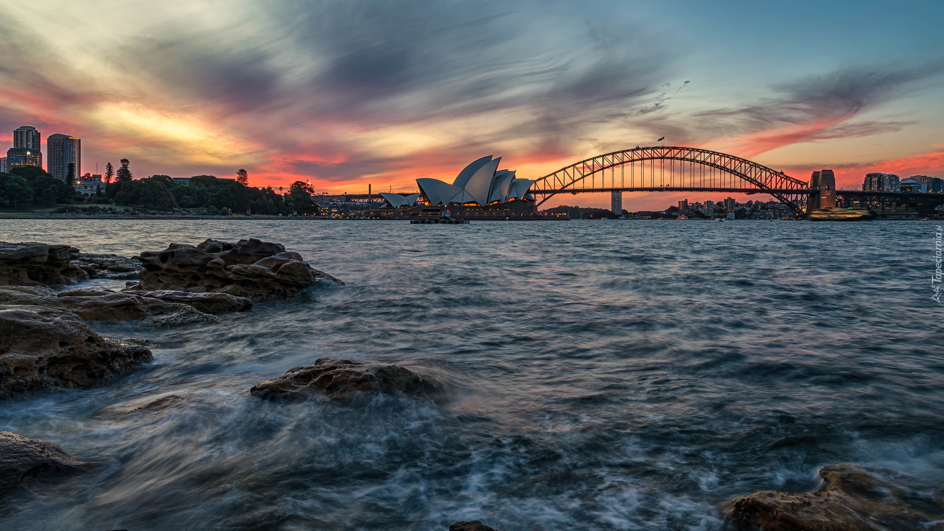 Zatoka Port Jackson, Sydney Opera House, Most Sydney Harbour, Zachód słońca, Sydney, Australia
