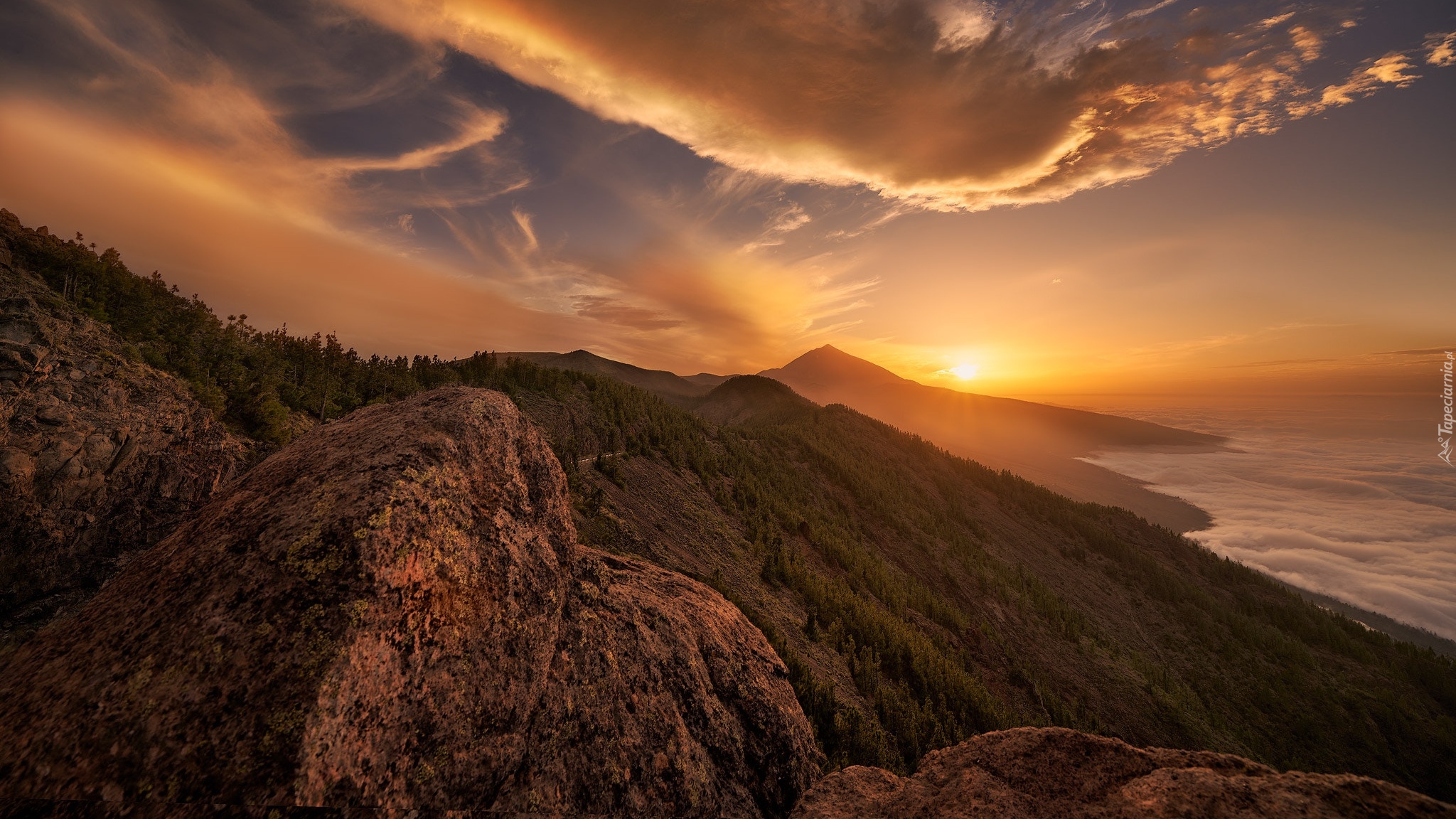 Hiszpania, Teneryfa, Park Narodowy Teide, Góry, Morze, Zachód słońca