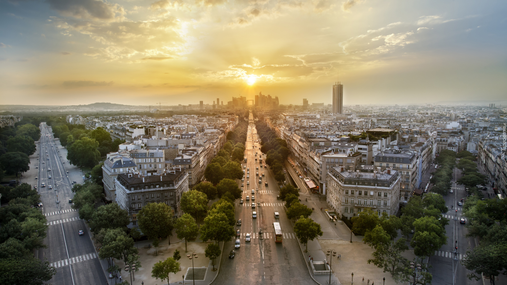Francja, Paryż, Ulice, Budynki, Zachód słońca