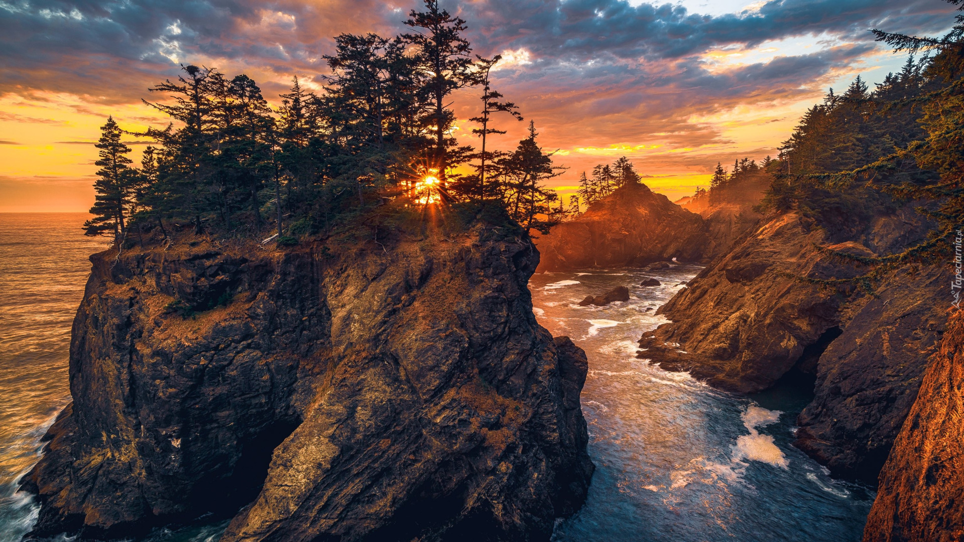 Zachód słońca, Morze, Wysepki, Wysokie, Skały, Drzewa, Park stanowy, Samuel H Boardman State Scenic Corridor, Oregon, Stany Zjednoczone