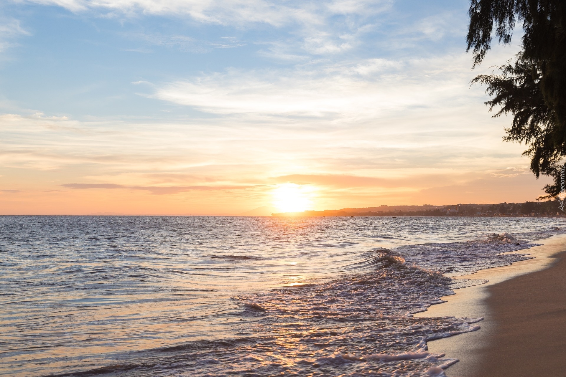 Morze, Zachód słońca, Plaża, Brzeg