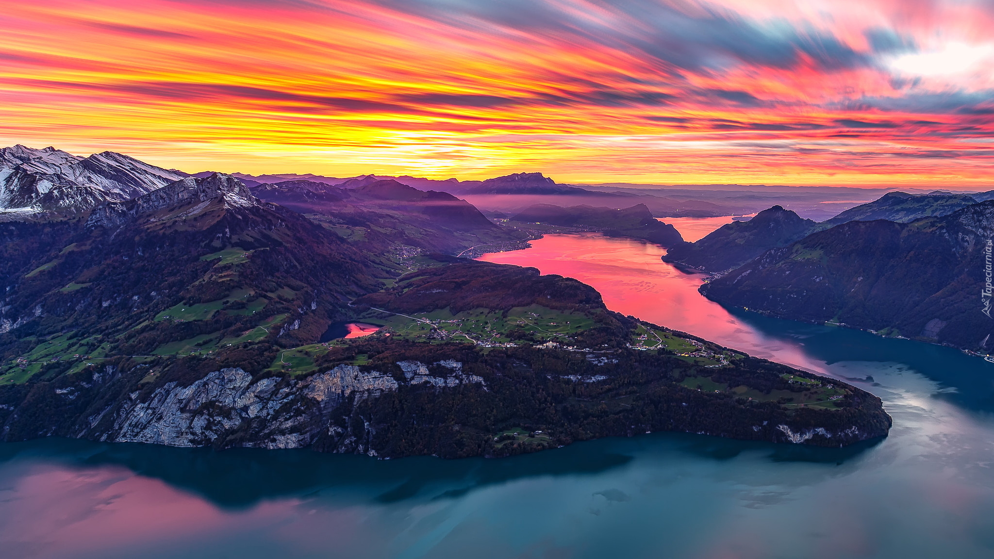 Jezioro Czterech Kantonów, Góry, Alpy Szwajcarskie, Zachód słońca, Szwajcaria
