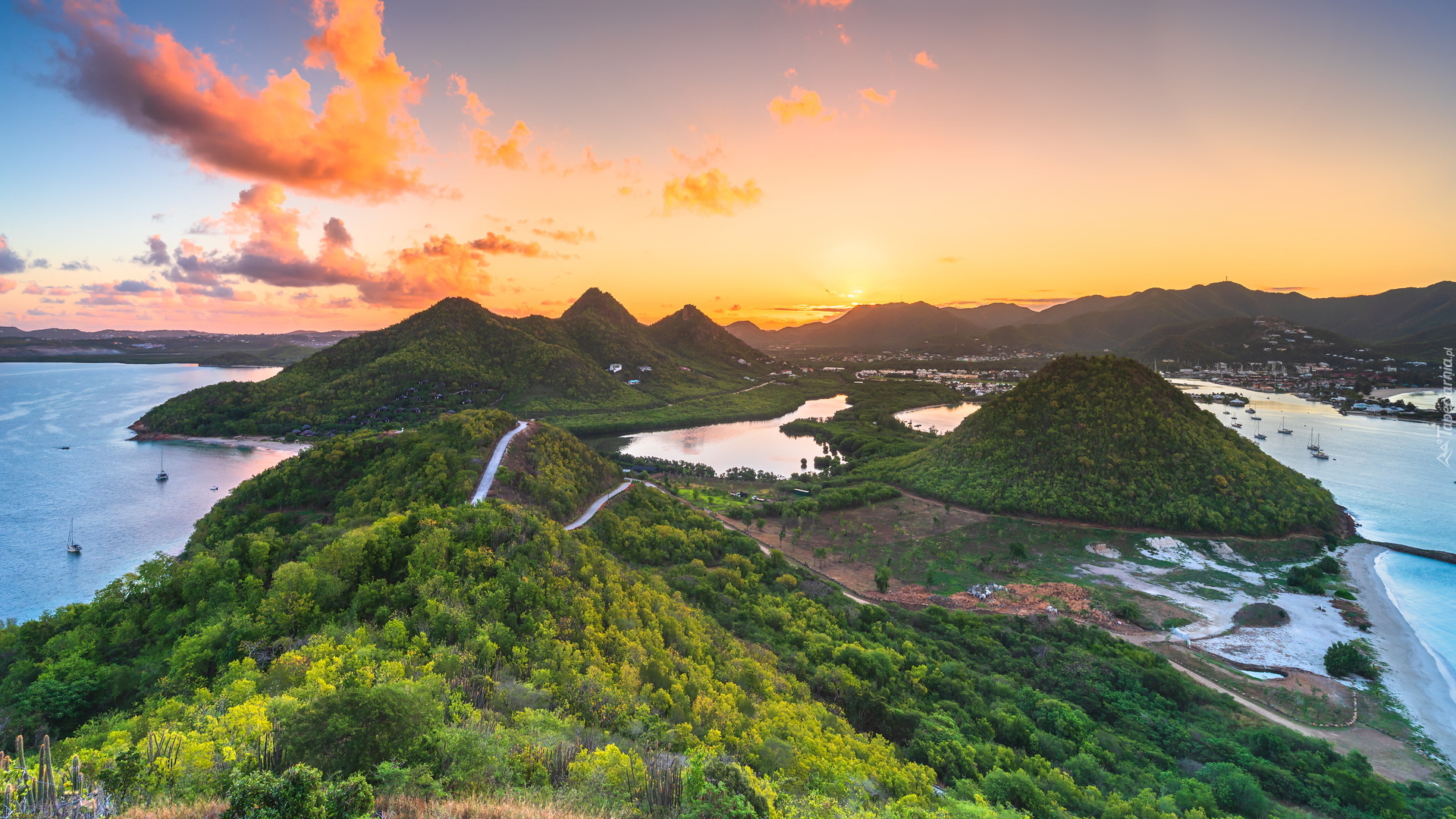 Półwysep, Zachód słońca, Góry, Morze, Zatoki, Pearns Point, Jennings, Wyspa Antigua, Antigua i Barbuda