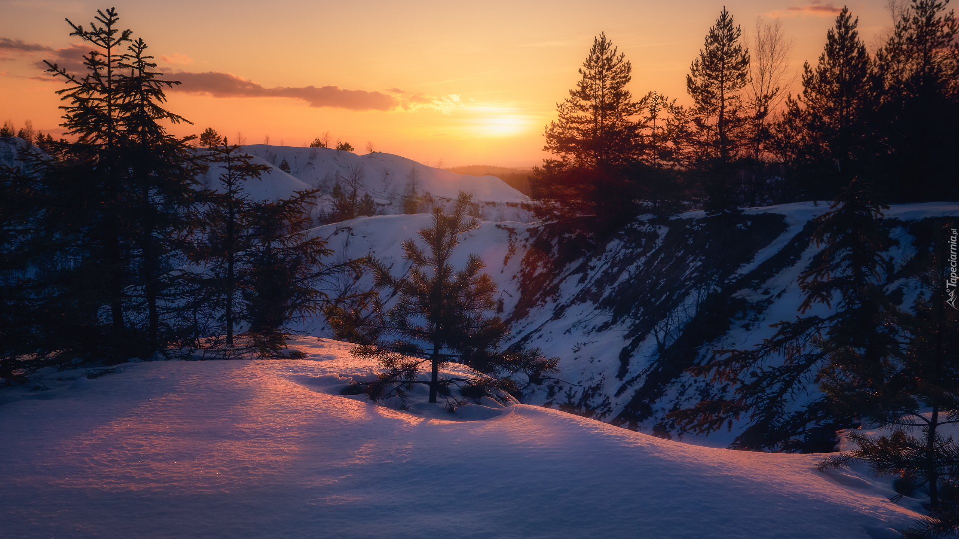 Zima, Wzgórza, Drzewa, Śnieg, Zachód słońca
