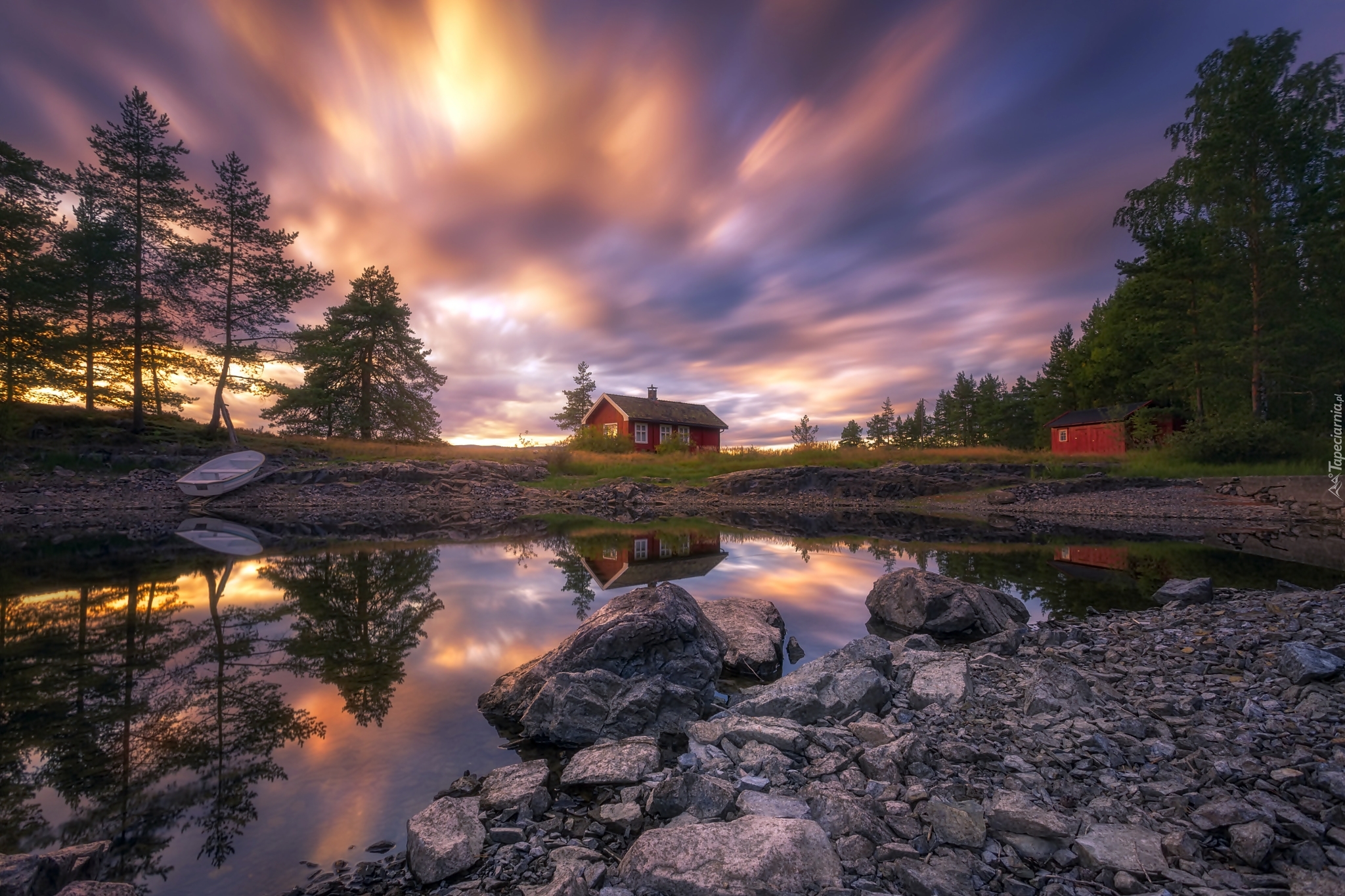 Norwegia, Ringerike, Jezioro Vaeleren, Dom, Drzewa, Zachód słońca, Łódka