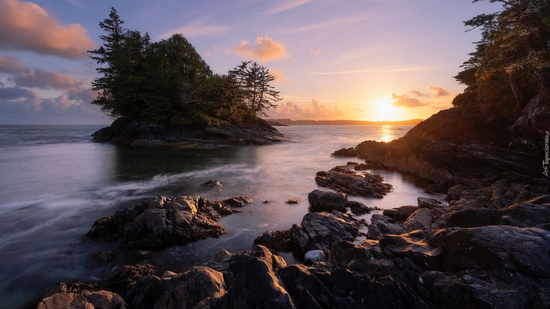 Kanada, Koloumbia Brytyjska, Vancouver Island, Morze, Skały, Drzewa, Zachód słońca