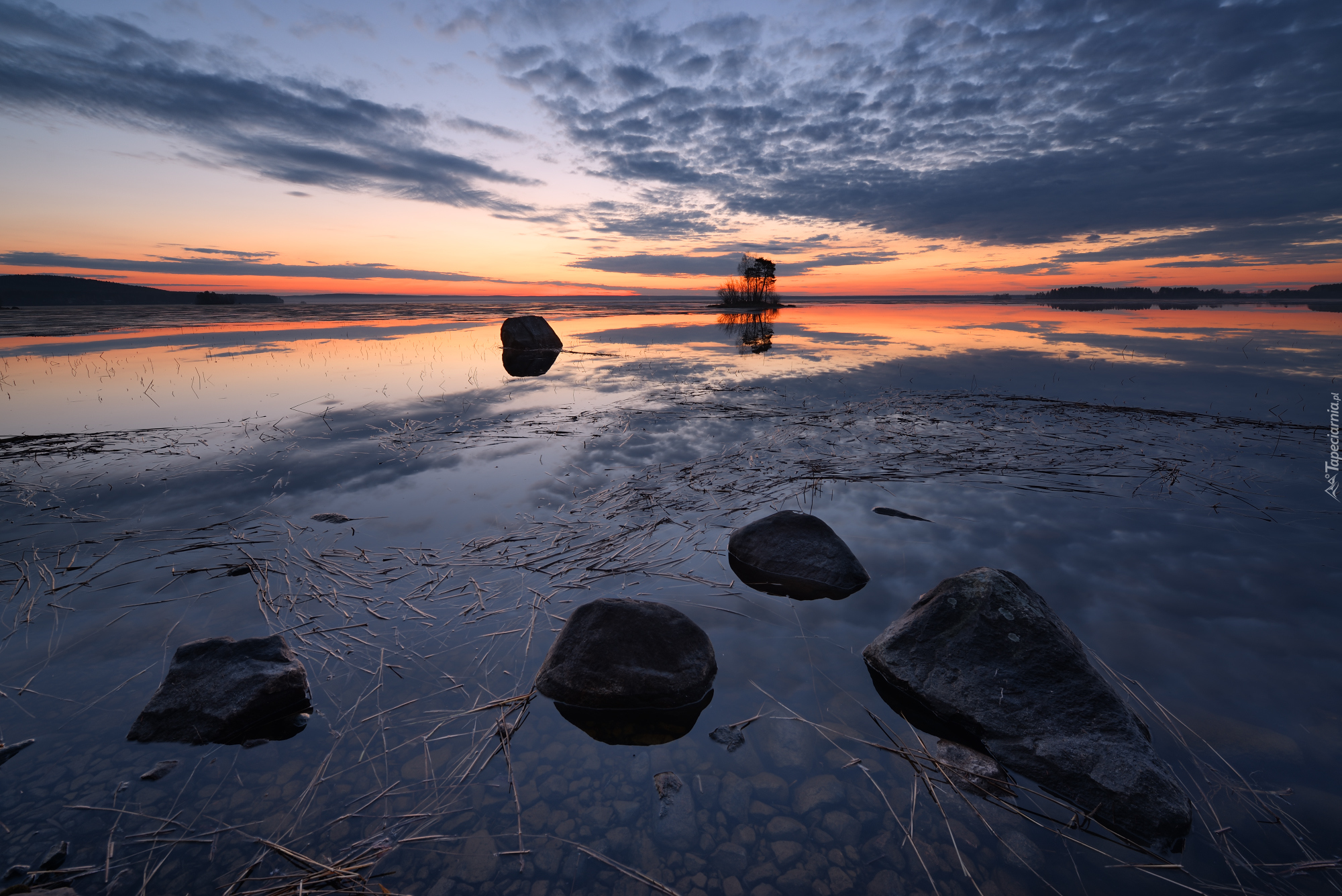 Jezioro Onega, Kamienie, Chmury, Wysepka, Drzewa, Zachód słońca, Republika Karelii, Rosja