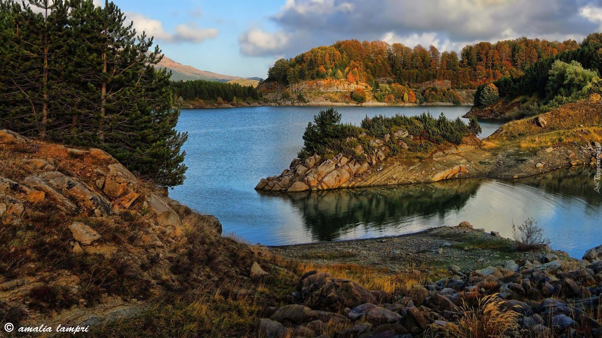 Skały, Jezioro, Aoos Lake, Drzewa, Grecja