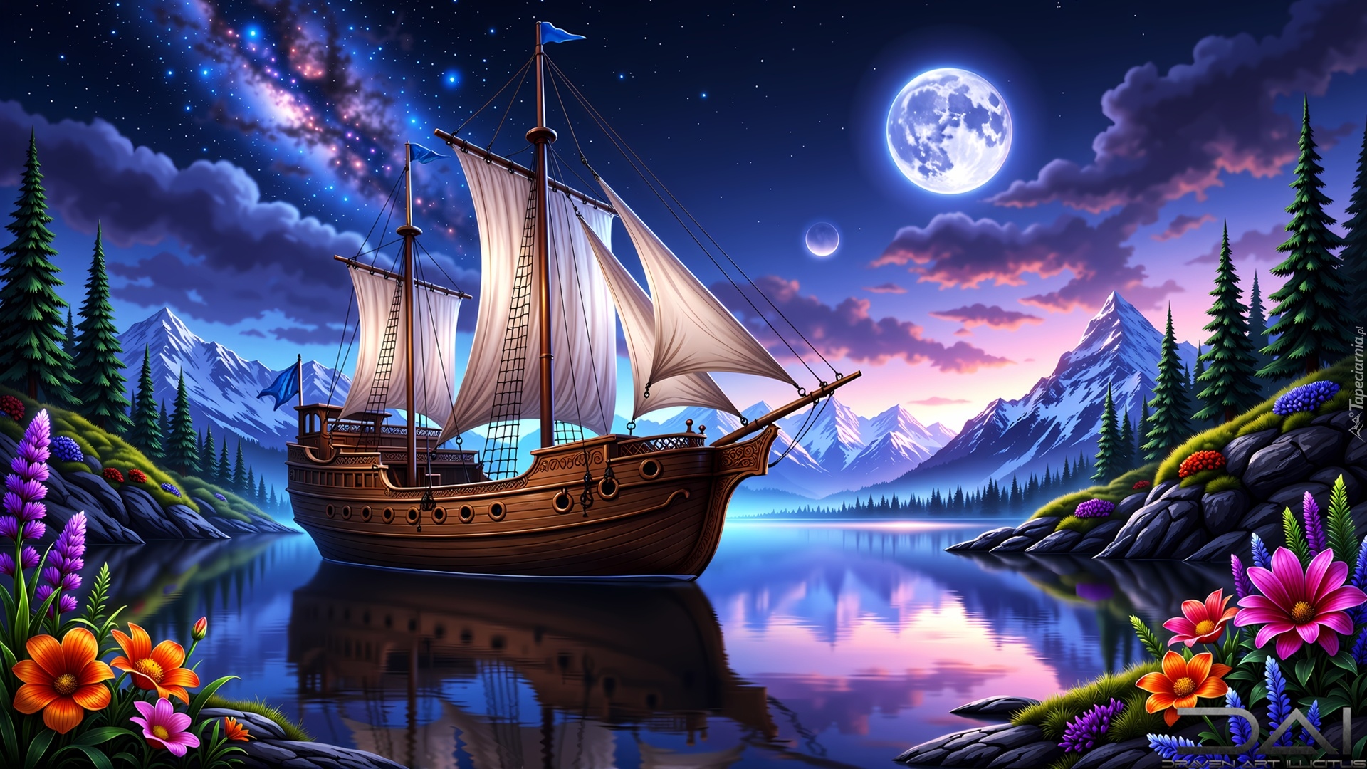 Kwiaty, Żaglowiec, Góry, Rzeka, Księżyc, Grafika AI