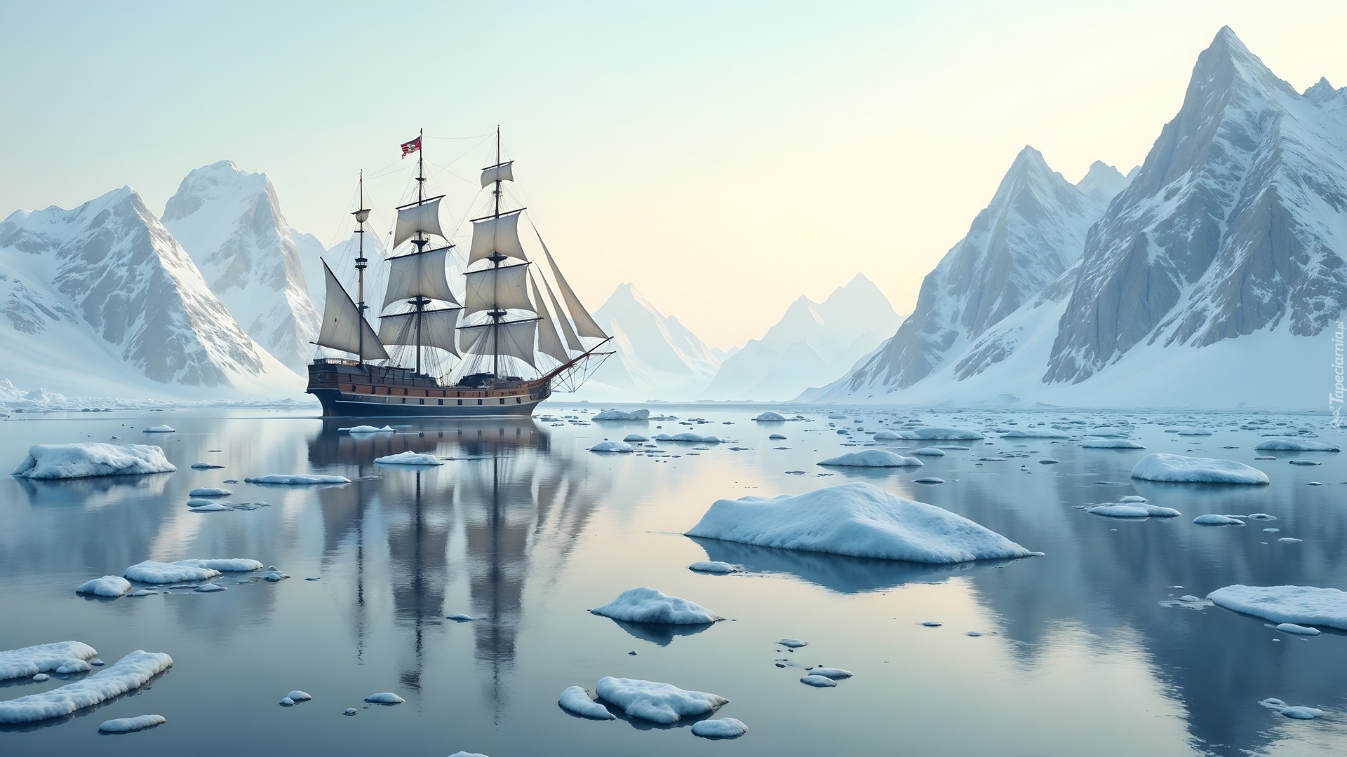 Ośnieżone, Góry, Morze, Żaglowiec