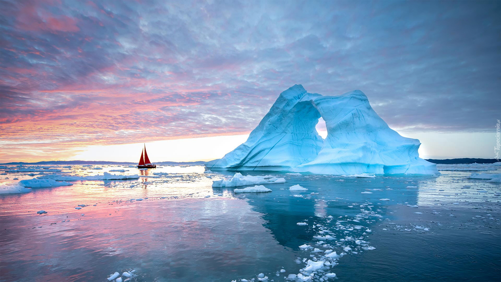 Góra lodowa, Żaglówka, Zatoka, Disko Bay, Wschód słońca, Ilulissat, Grenlandia, Dania