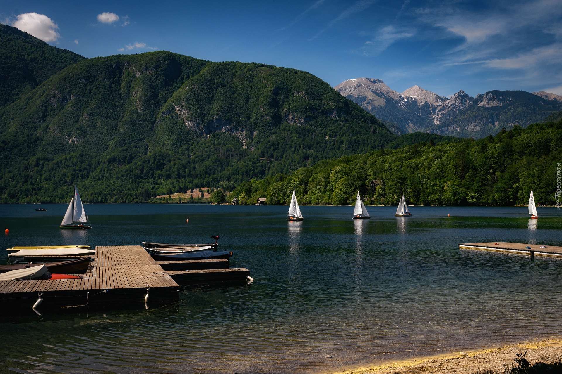 Jezioro Bohinj, Pomost, Góry, Żaglówki, Gmina Bohinj, Słowenia