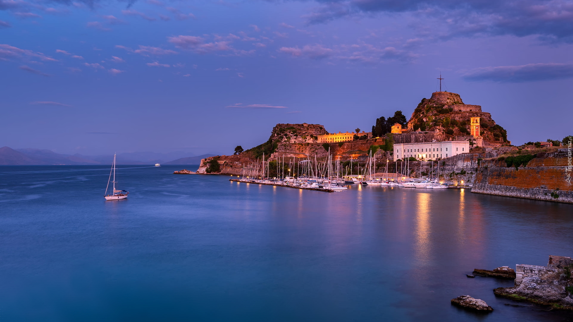 Stara Forteca Korfu, Skały, Żaglówki, Przystań, Morze, Korfu, Grecja