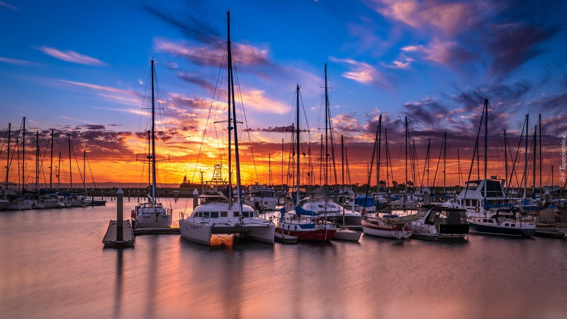 Zachód słońca, Żaglówki, Morze, Przystań, Scarborough Marina, Scarborough Boat Harbour, Australia