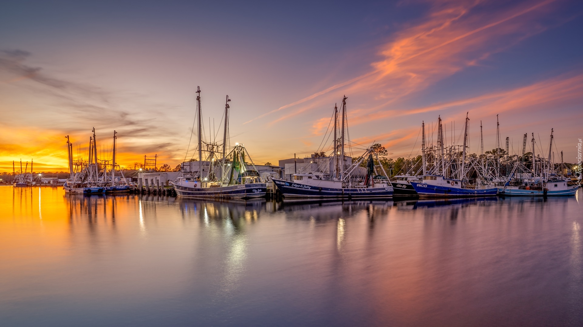 Przystań, Port, Żaglówki, Zachód słońca