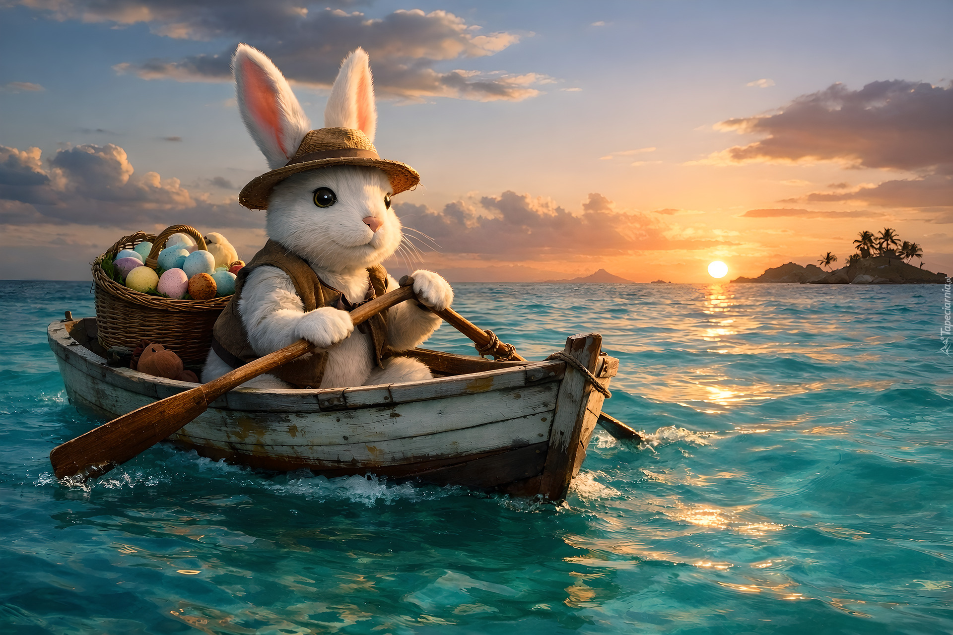 Zając, Czapka, Łódka, Koszyk, Pisanki, Morze, Wielkanoc