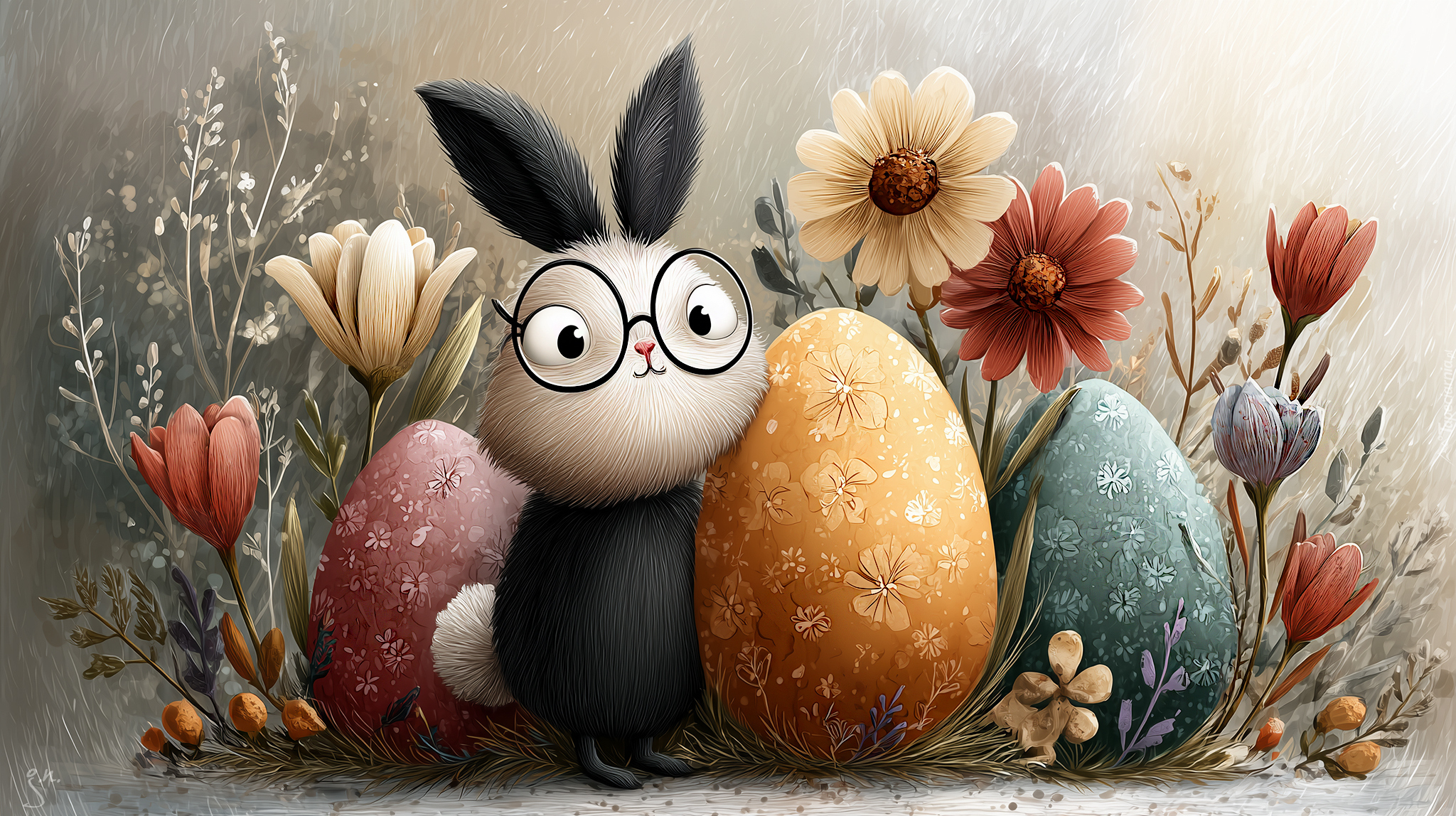 Wielkanoc, Zajączek, Pisanki, Kwiaty, Grafika AI