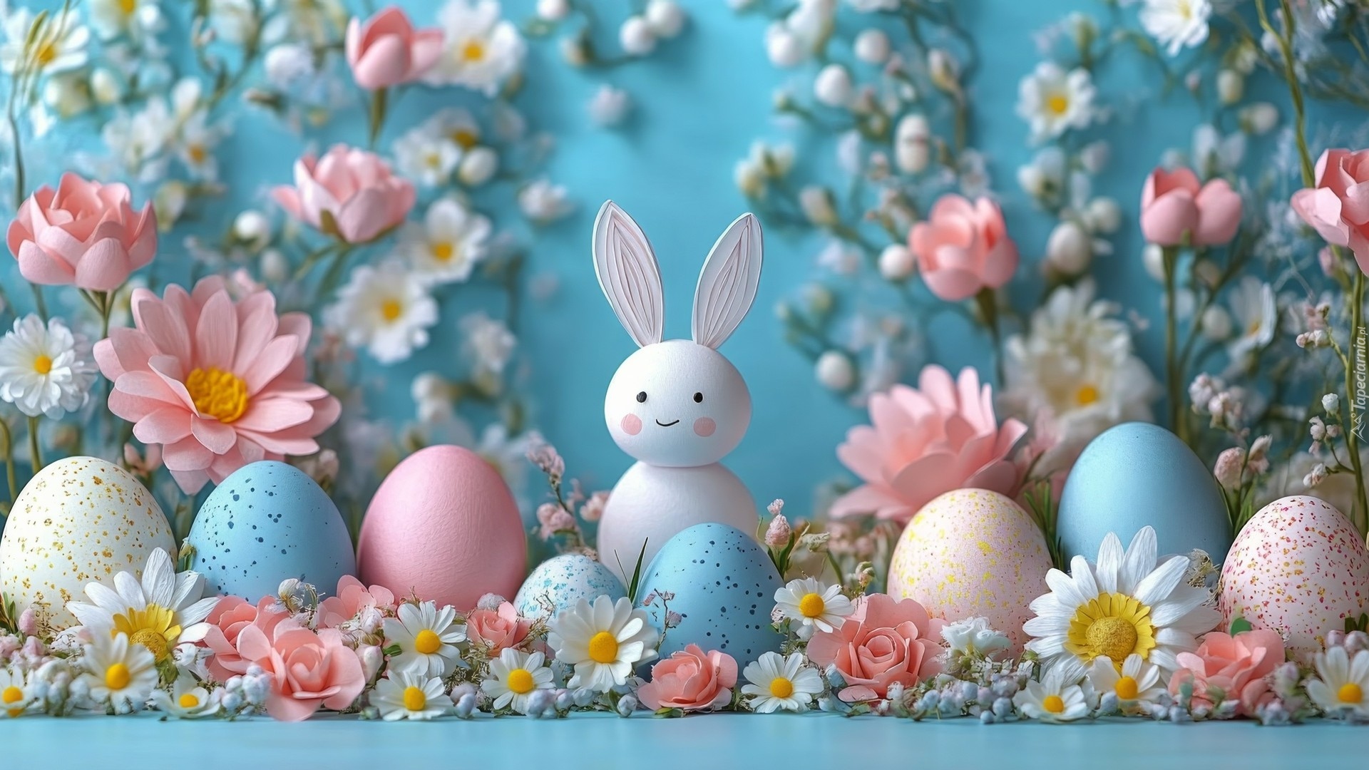 Wielkanoc, Pisanki, Zajączek, Białe, Różowe, Kwiaty