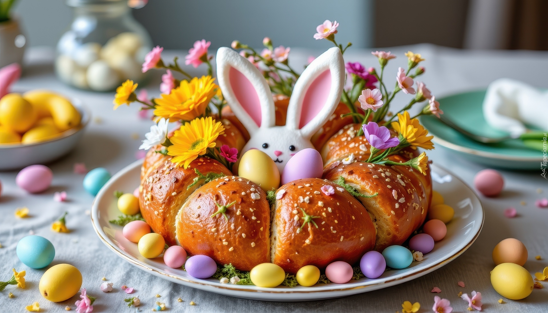 Talerz, Chleb, Pisanki, Zajączek, Kwiaty, Wielkanoc, Grafika AI