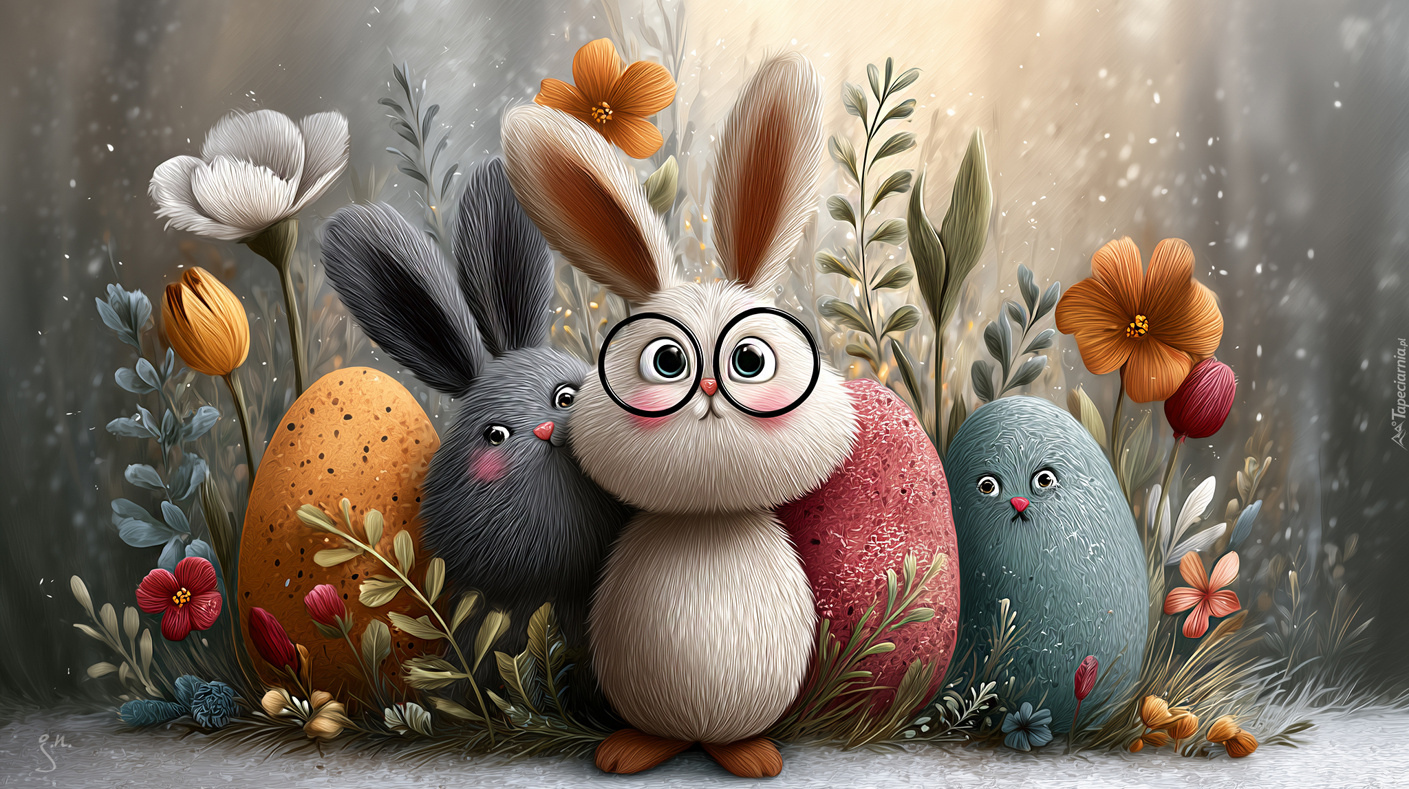 Zajączki, Jajka, Kwiaty, Grafika AI, Wielkanoc