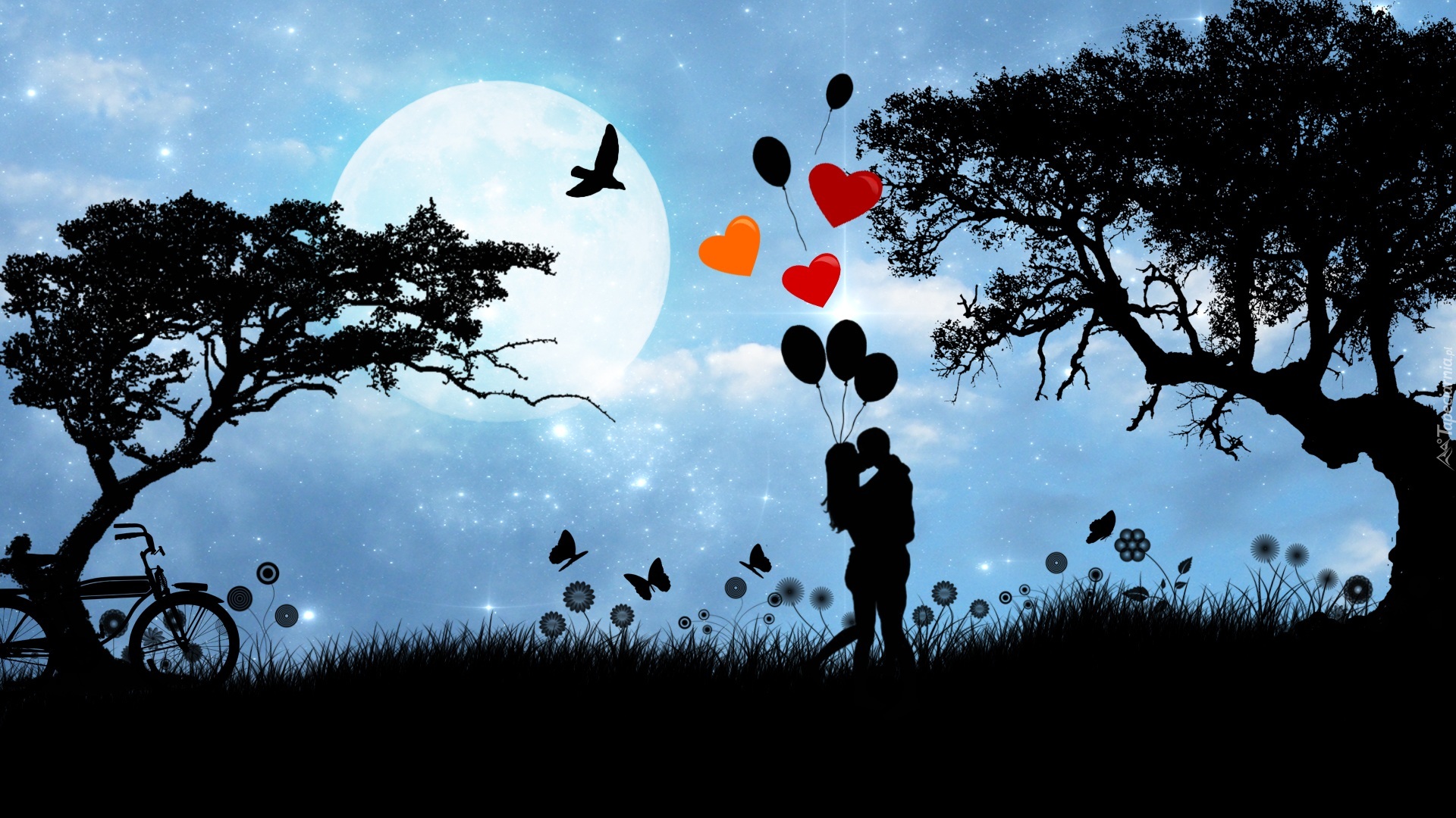 Zakochani, Serca, Balony, Miłość, Drzewa, Księżyc