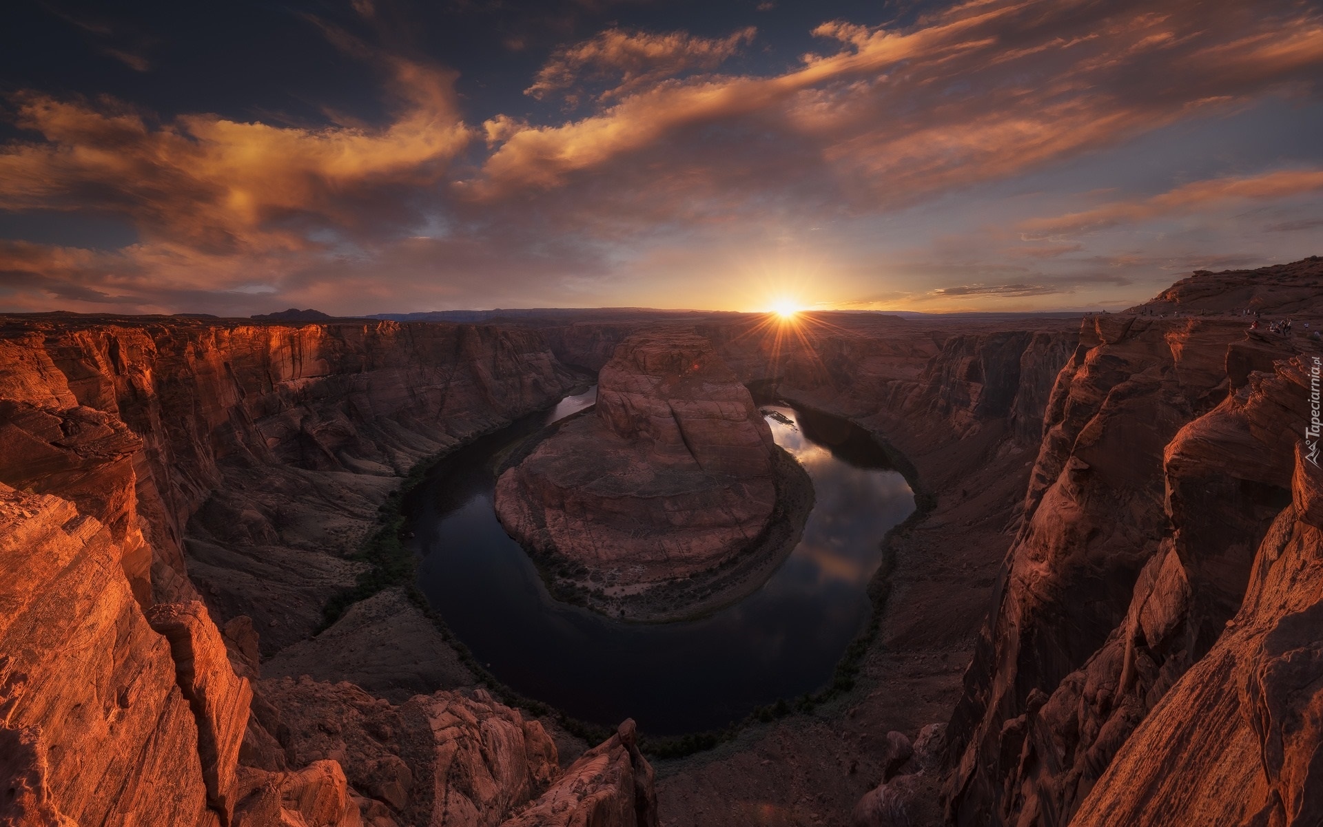 Park Narodowy Glen Canyon, Skały, Kanion, Rzeka, Kolorado River, Zakole, Horseshoe Bend, Chmury, Zachód słońca, Arizona, Stany Zjednoczone