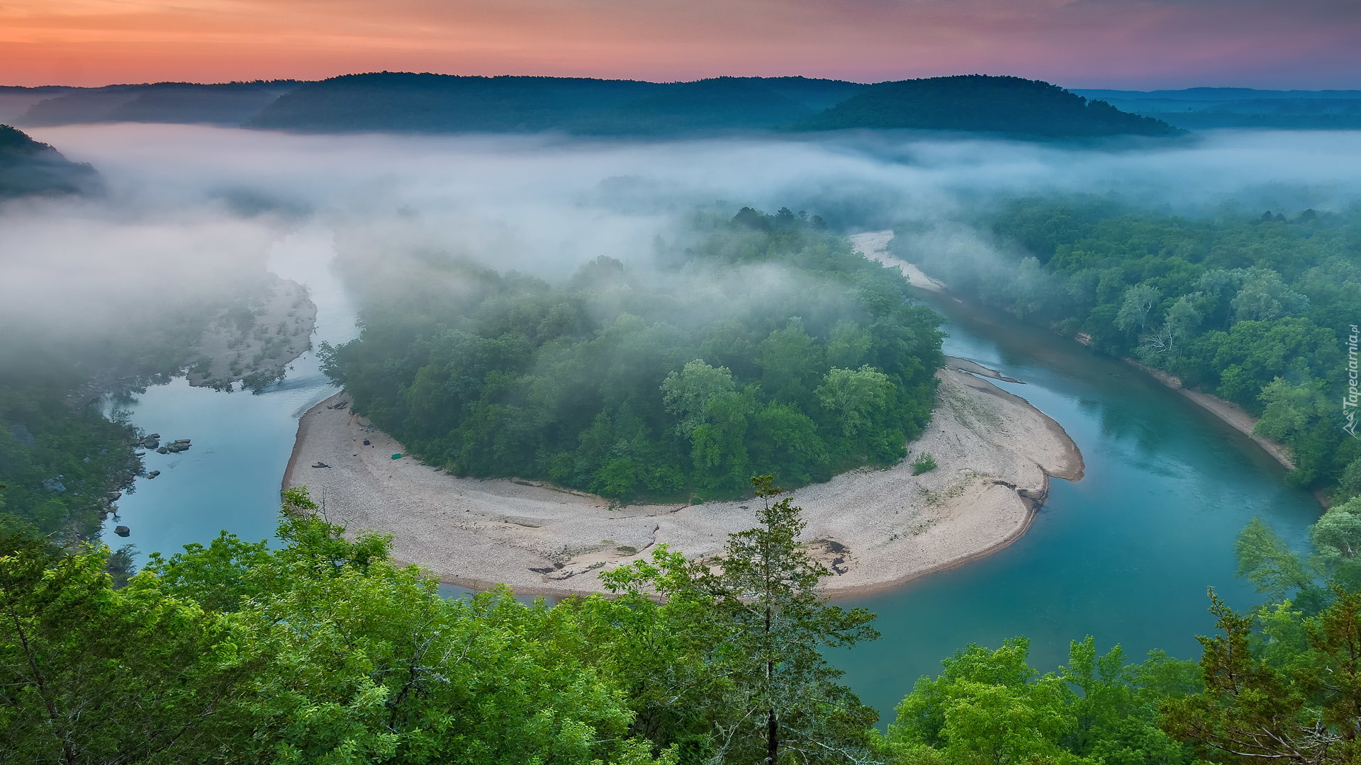 Rzeka, Buffalo River, Zakole, Meander, Drzewa, Lasy, Mgła, Gilbert, Stan Arkansas, Stany Zjednoczone