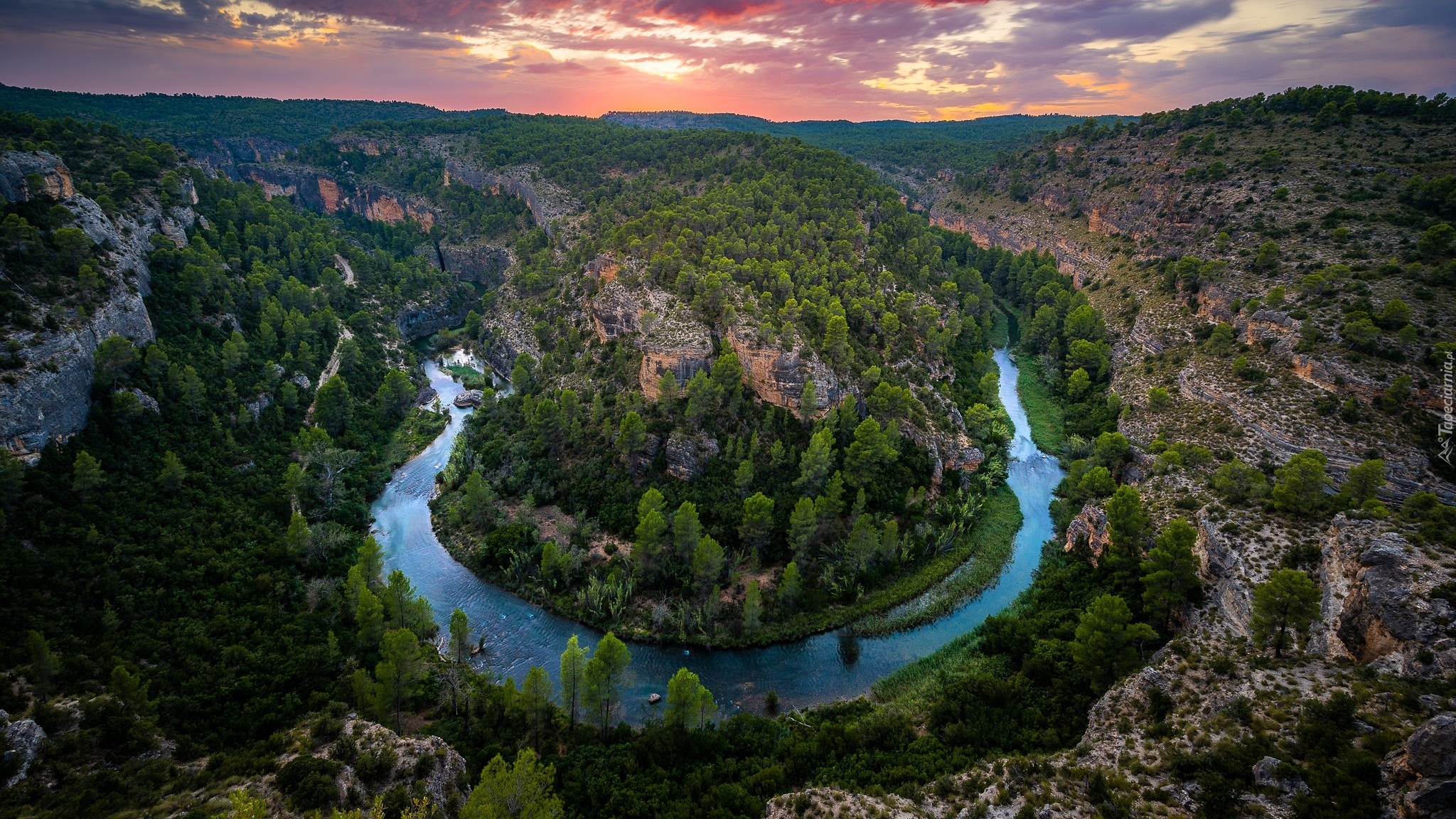 Skały, Drzewa, Rzeka Cabriel, Zakole, Hoces del Cabriel Natural Park, Hiszpania