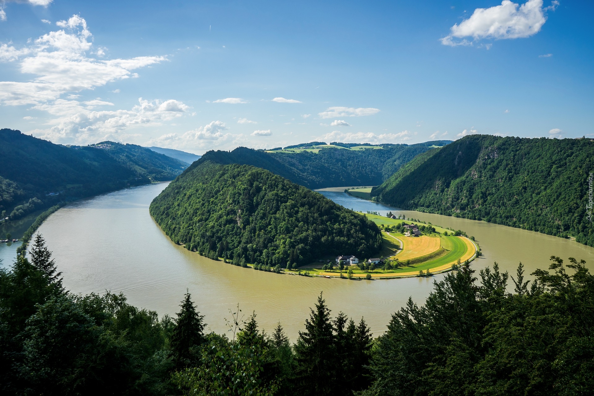 Góry, Drzewa, Zakole, Rzeka Dunaj, Haibach ob der Donau, Austria