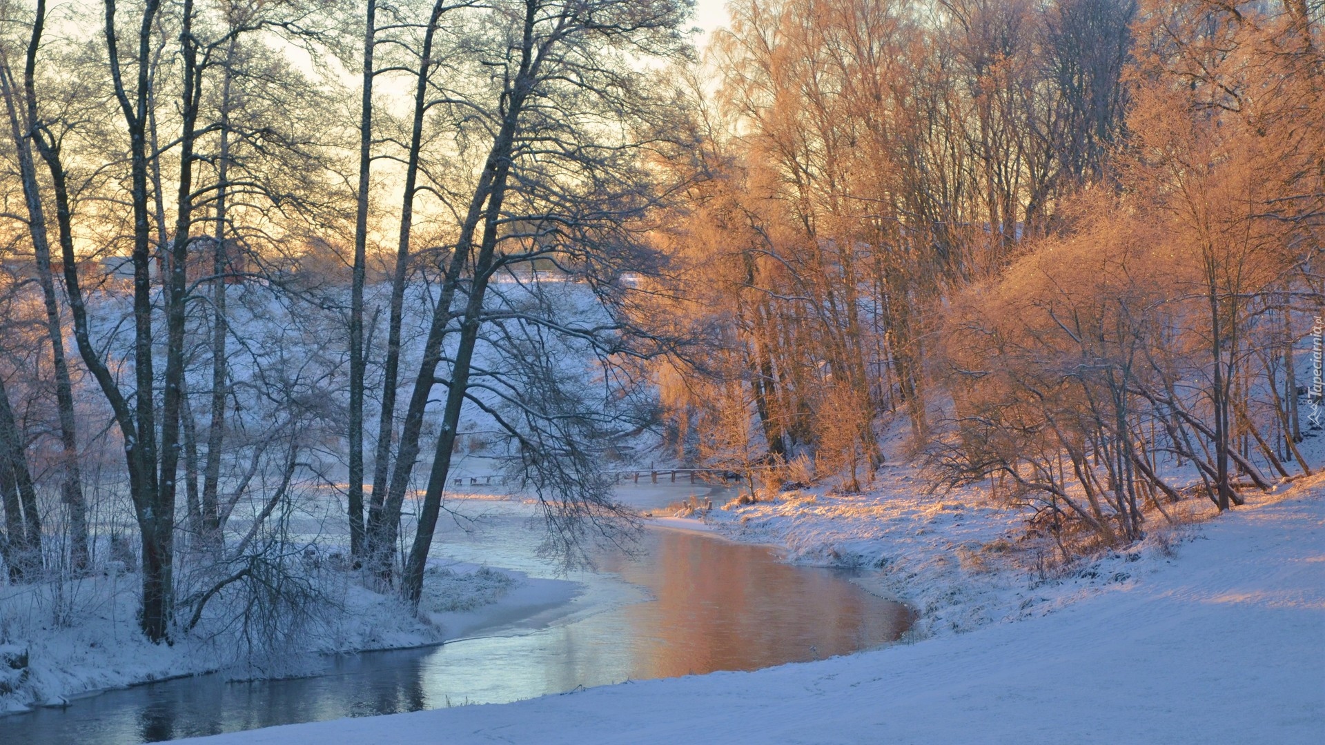 Zima, Rzeka, Drzewa, Śnieg, Słoneczne światło