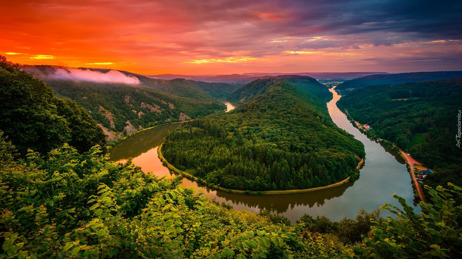 Rzeka, Saara River, Zielone, Lasy, Zachód słońca, Mettlach, Niemcy