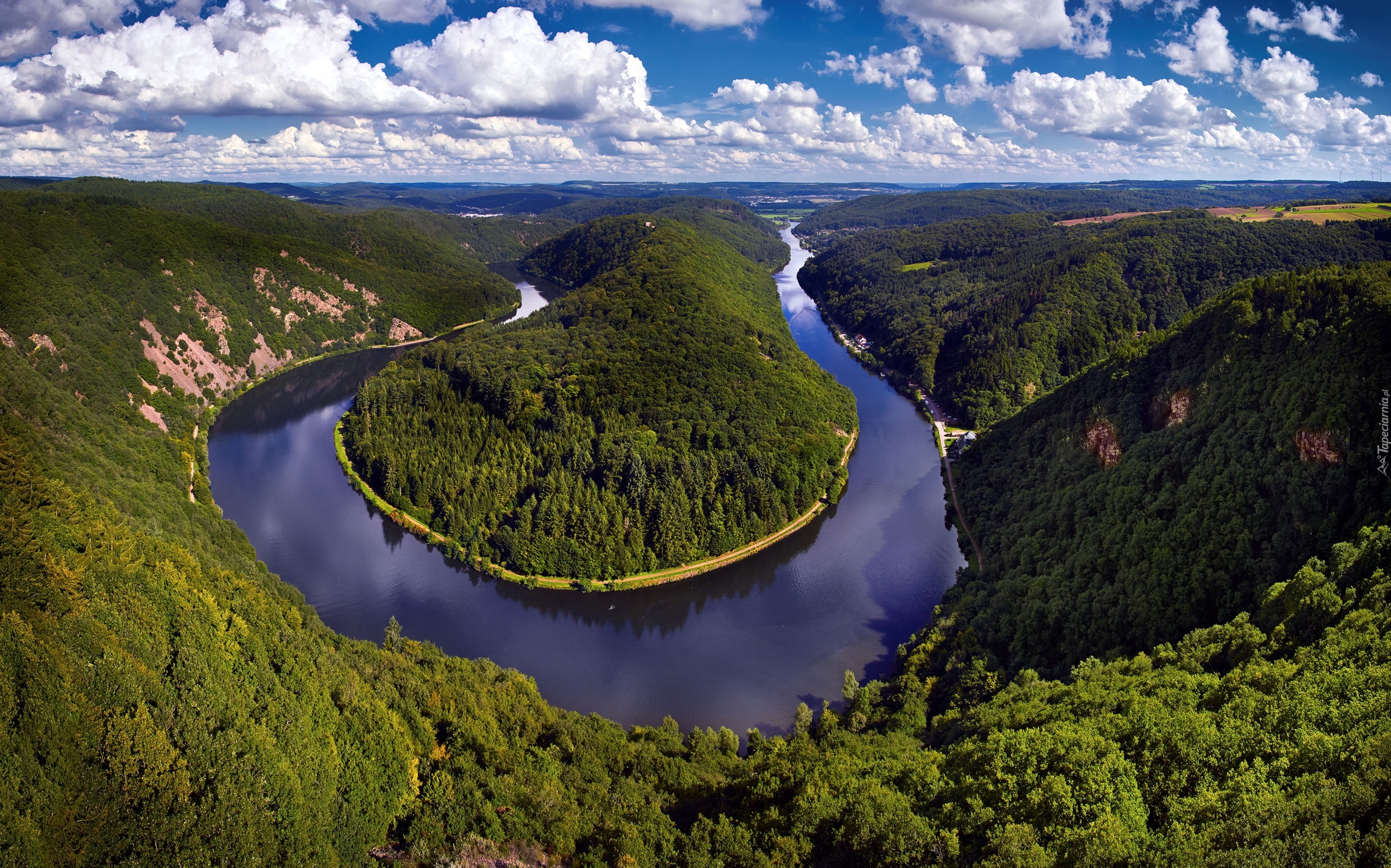 Rzeka Saara, Wzgórza, Lasy, Drzewa, Chmury, Zakole, Meandro del Sarre, Mettlach, Niemcy