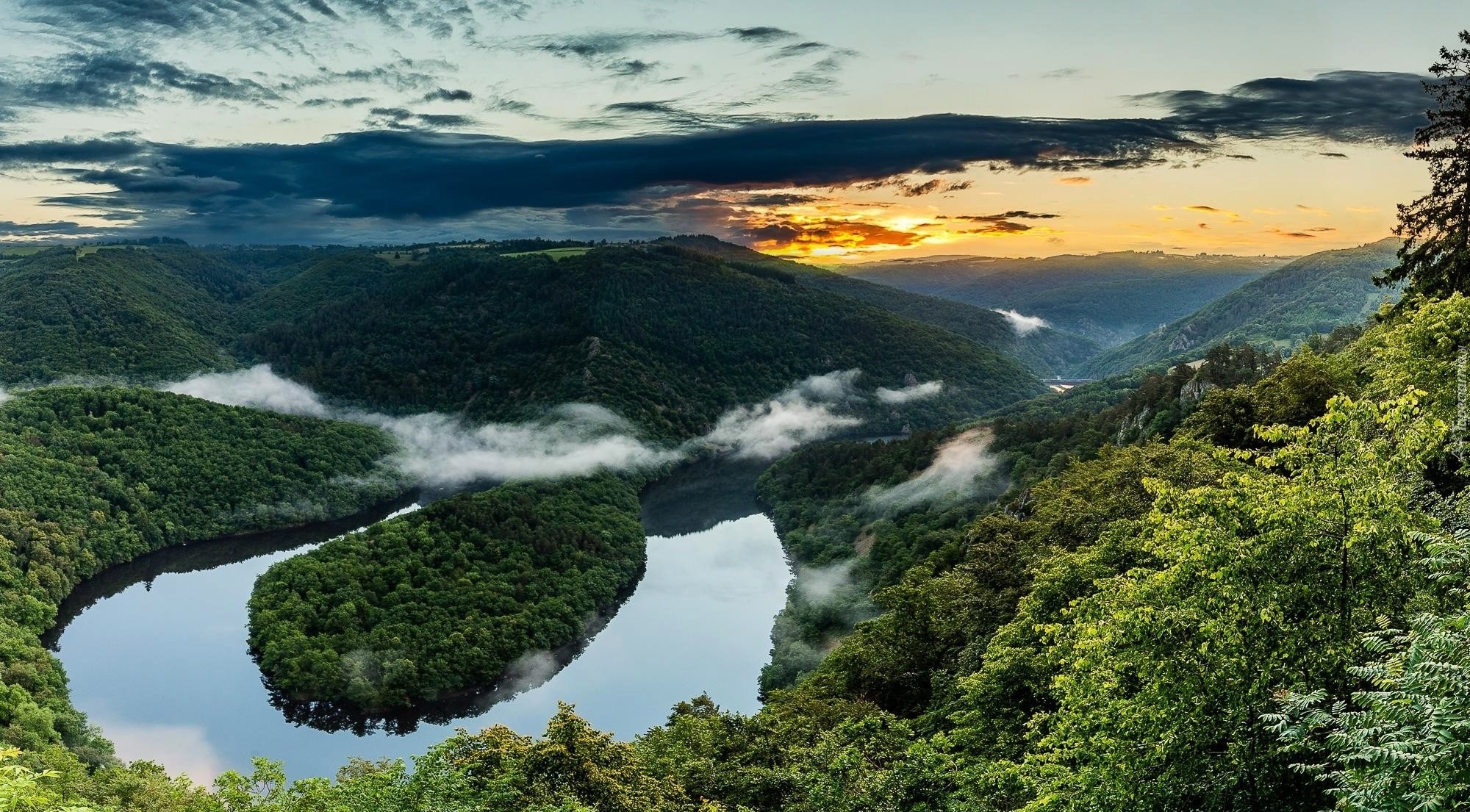 Francja, Rzeka Sioule, Meander, Lasy, Mgła