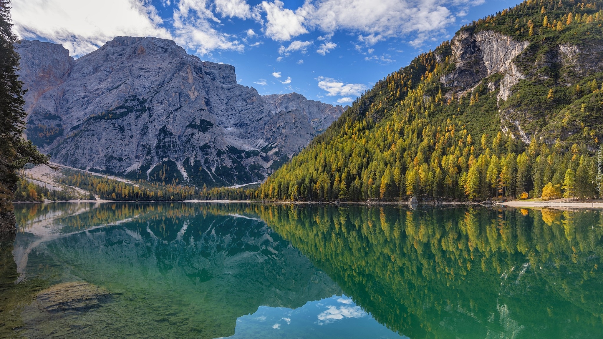 Włochy, Jezioro, Pragser Wildsee, Lago di Braies, Góry, Dolomity, Drzewa, Odbicie