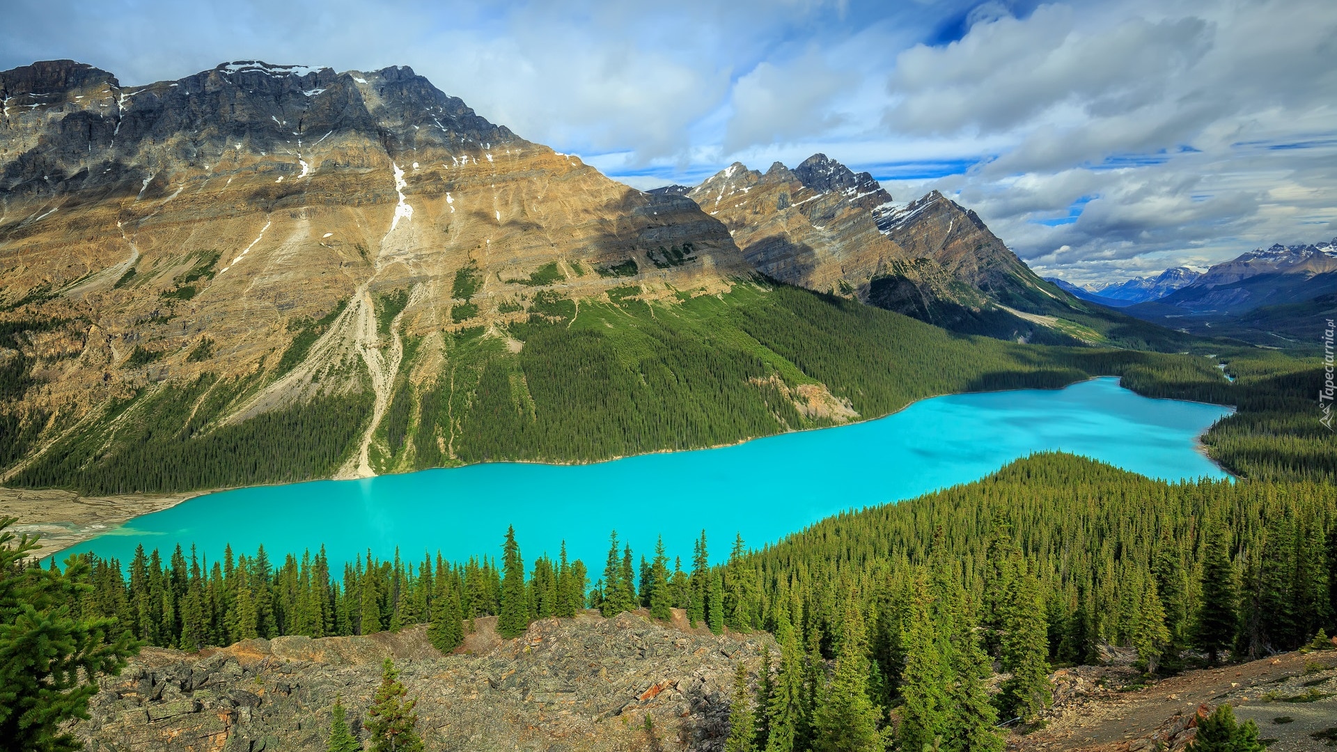 Park Narodowy Banff, Jezioro, Peyto Lake, Skały, Góry, Las, Drzewa, Chmury, Prowincja Alberta, Kanada